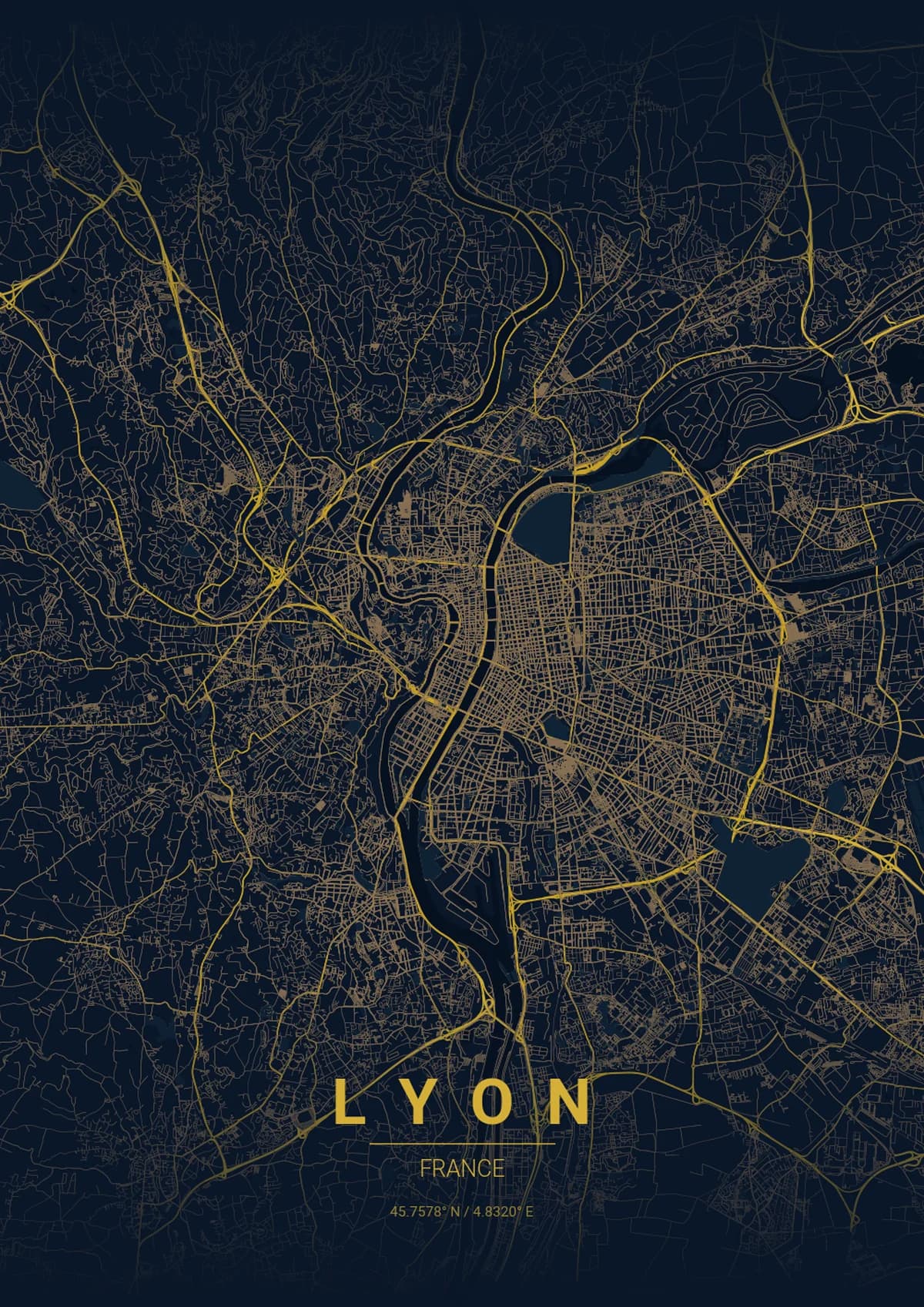 Lyon Map Poster - Midnight Blue Style