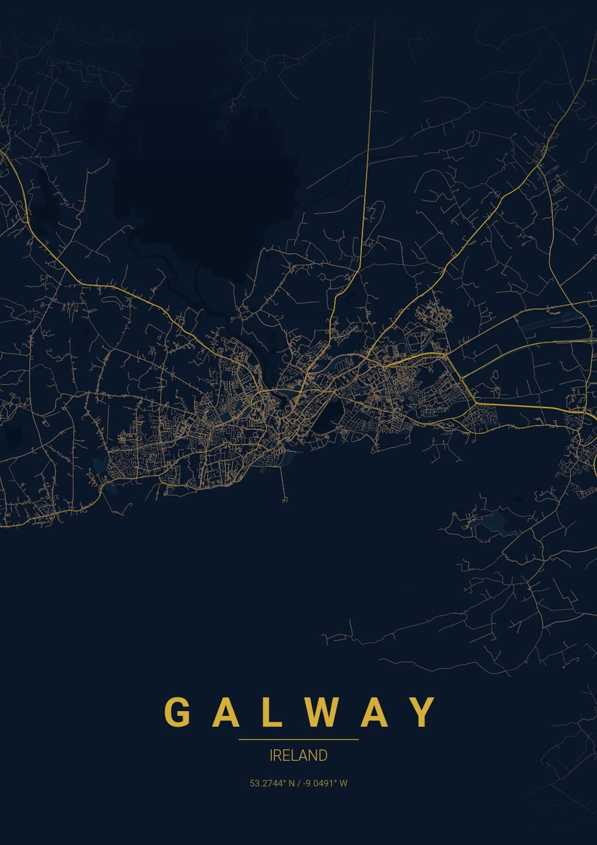 Galway Map Poster - Midnight Blue Style