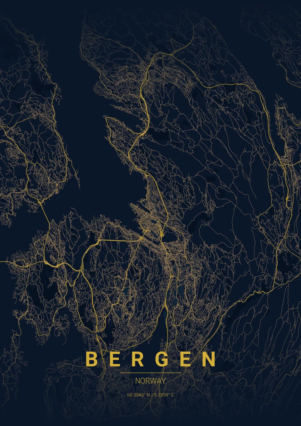 Bergen Map Poster - Midnight Blue Style