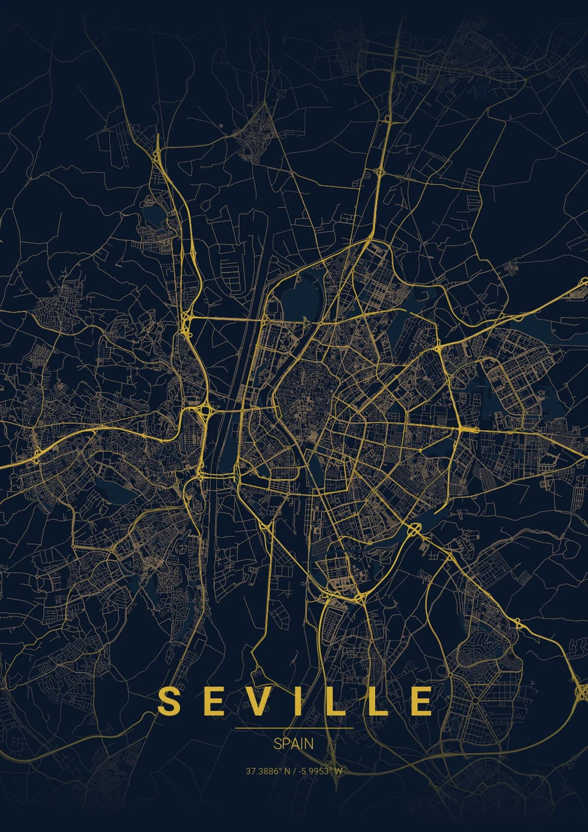 Seville Map Poster - Midnight Blue Style