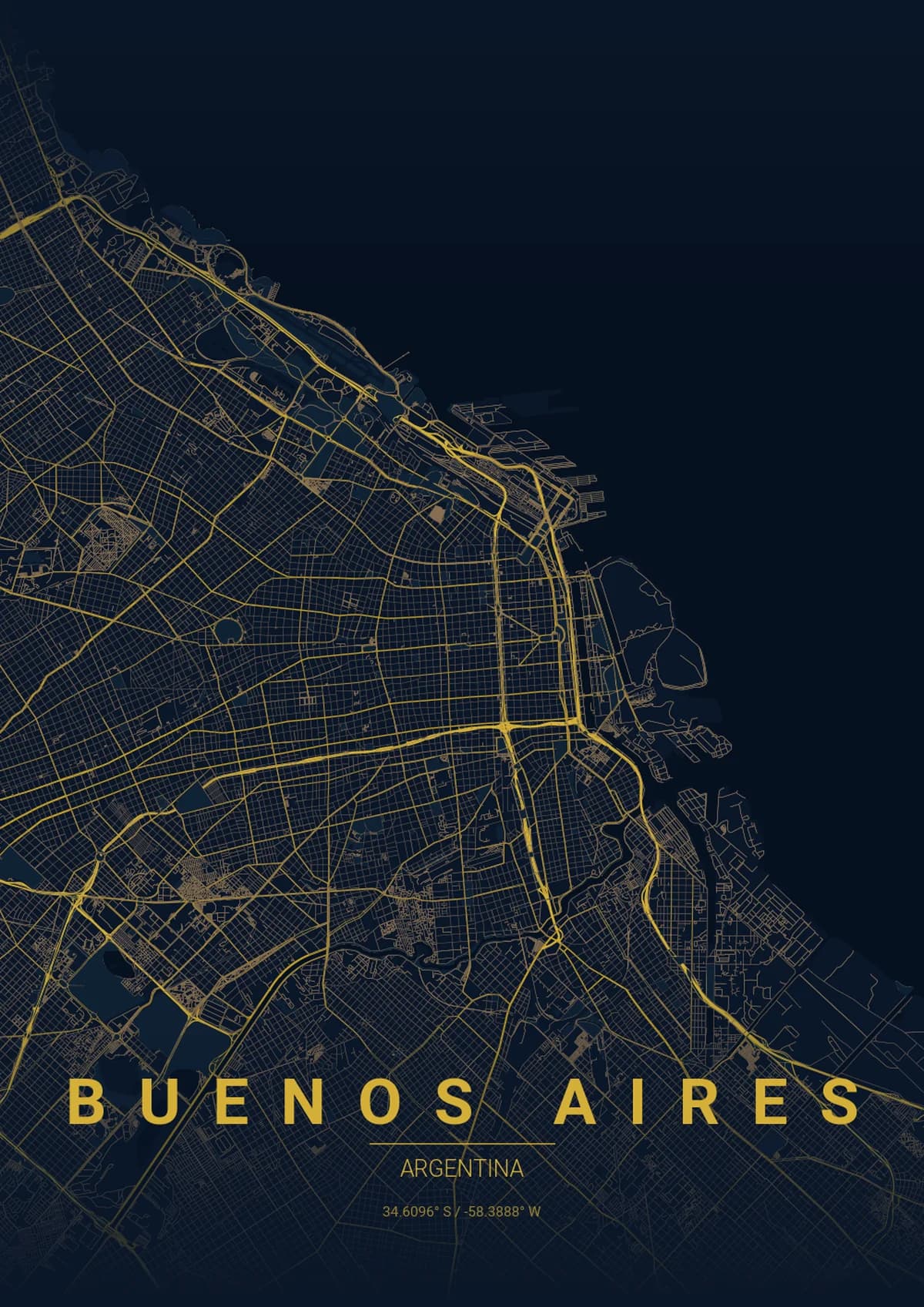 Buenos Aires Map Poster - Midnight Blue Style | City Prints Buenos Aires Map Poster - Midnight Blue Style
