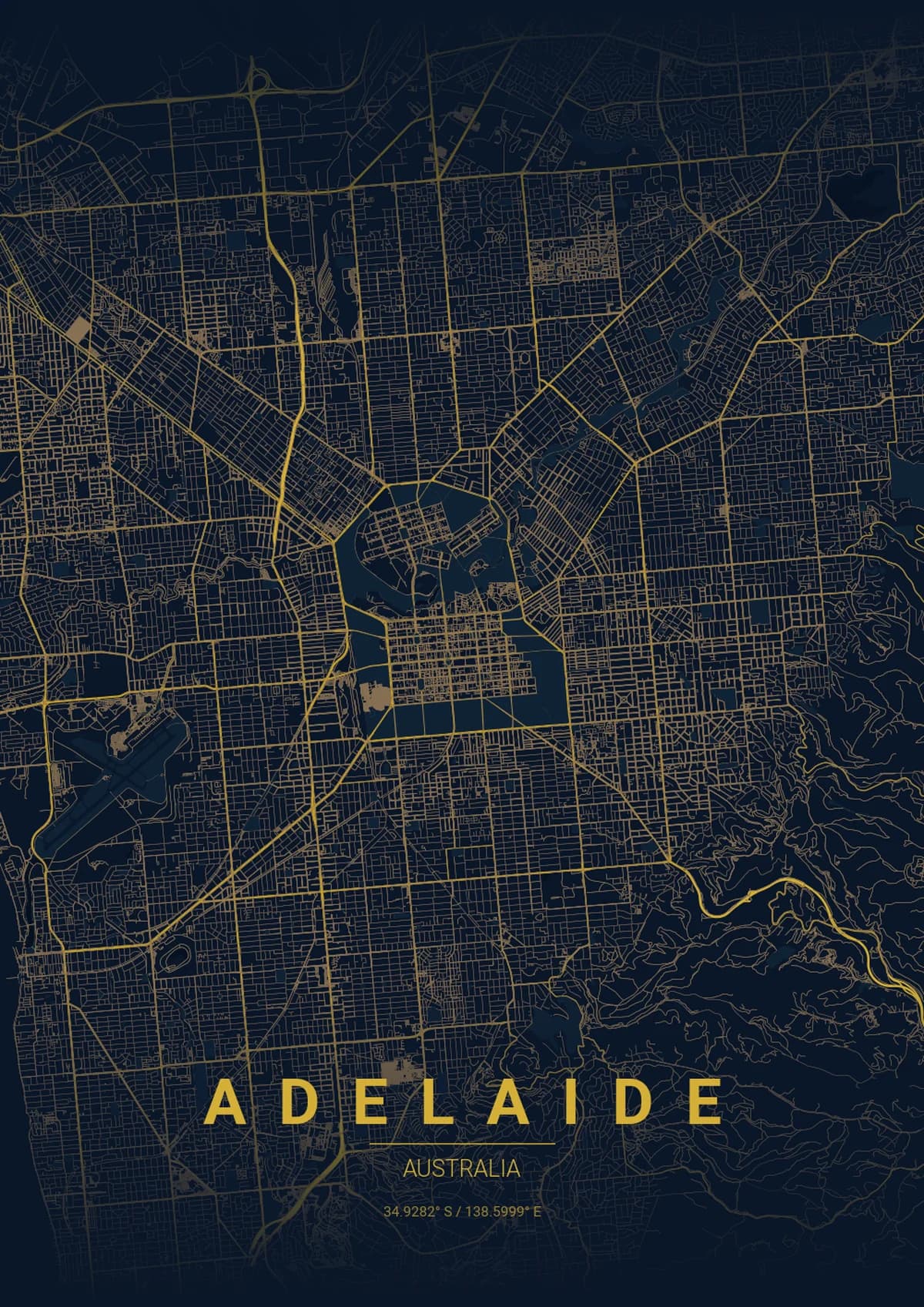 Adelaide Map Poster - Midnight Blue Style | City Prints Adelaide Map Poster - Midnight Blue Style