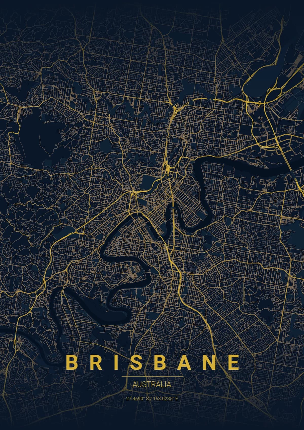 Brisbane Map Poster - Midnight Blue Style | City Prints Brisbane Map Poster - Midnight Blue Style