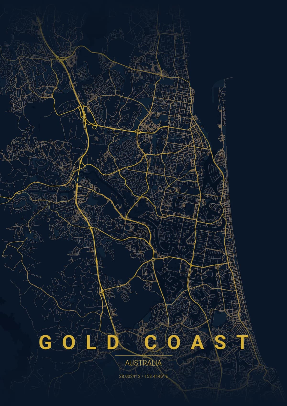 Gold Coast Map Poster - Midnight Blue Style | City Prints Gold Coast Map Poster - Midnight Blue Style