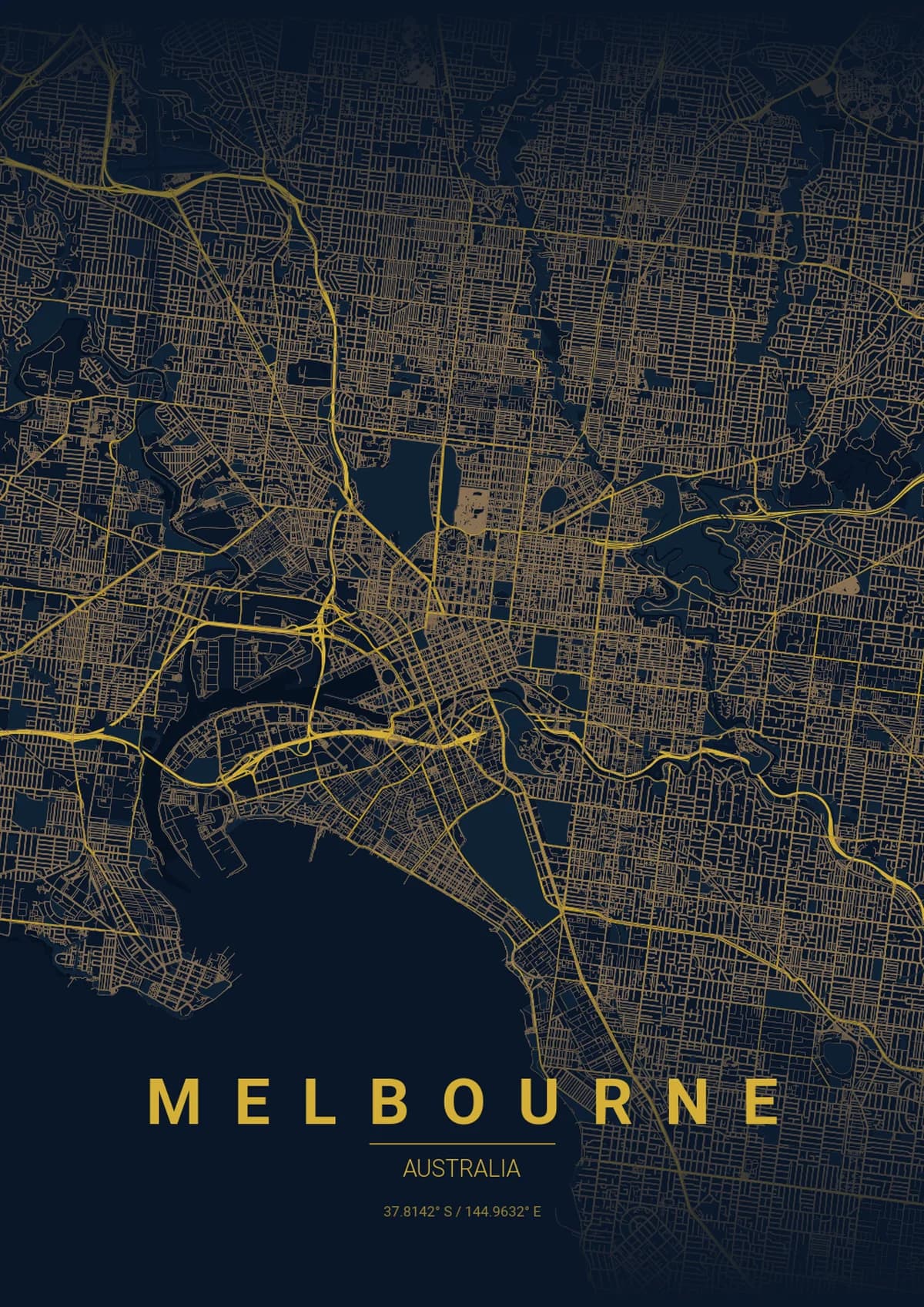 Melbourne Map Poster - Midnight Blue Style | City Prints Melbourne Map Poster - Midnight Blue Style