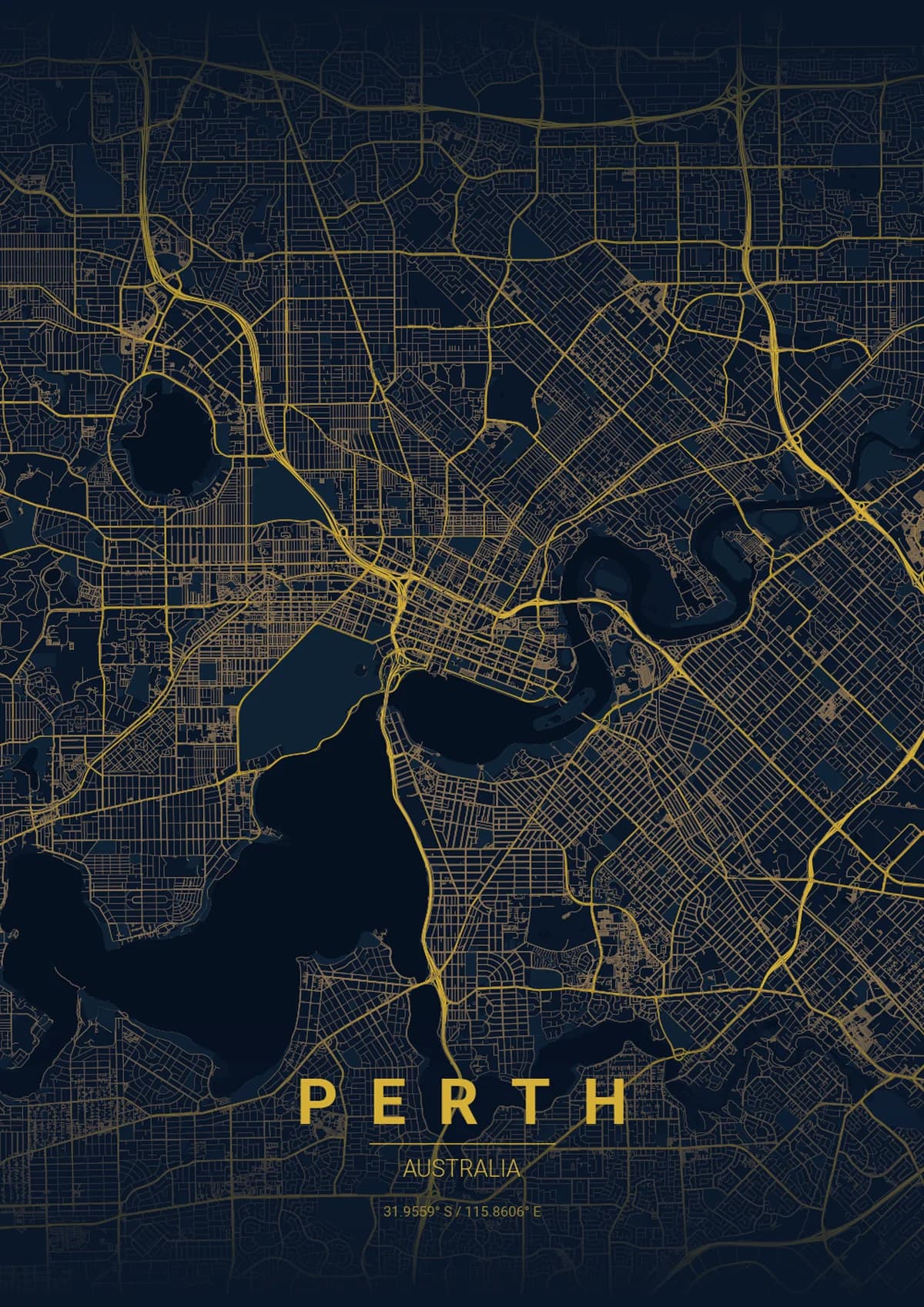 Perth Map Poster - Midnight Blue Style | City Prints Perth Map Poster - Midnight Blue Style
