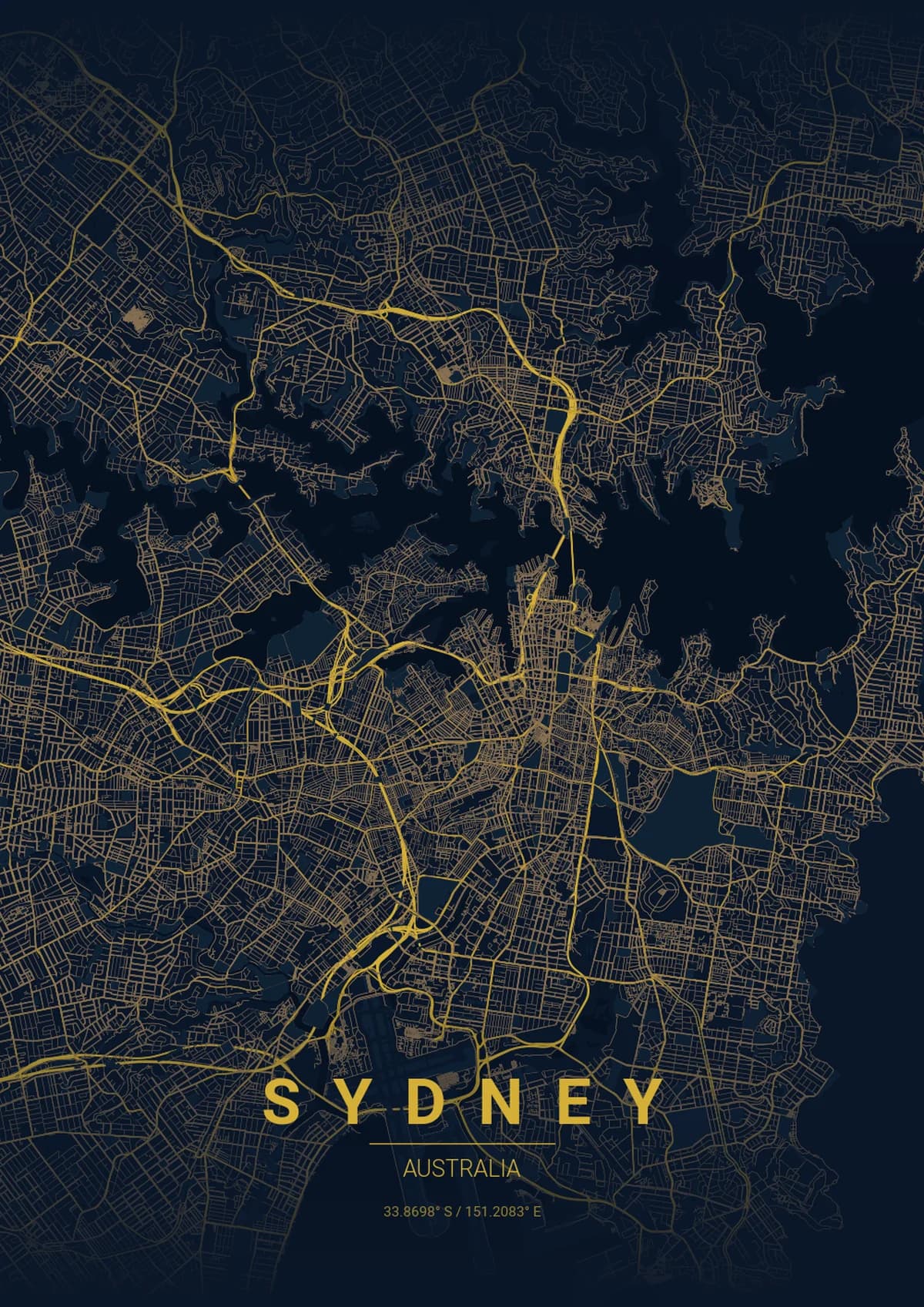 Sydney Map Poster - Midnight Blue Style | City Prints Sydney Map Poster - Midnight Blue Style