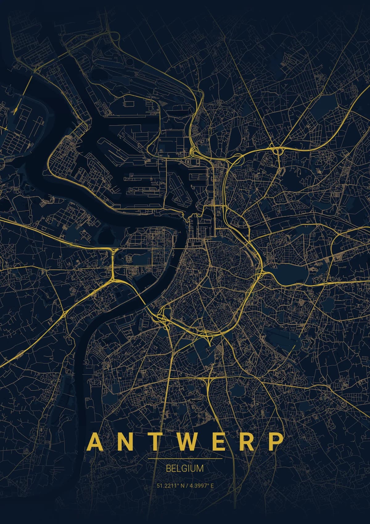 Antwerp Map Poster - Midnight Blue Style | City Prints Antwerp Map Poster - Midnight Blue Style
