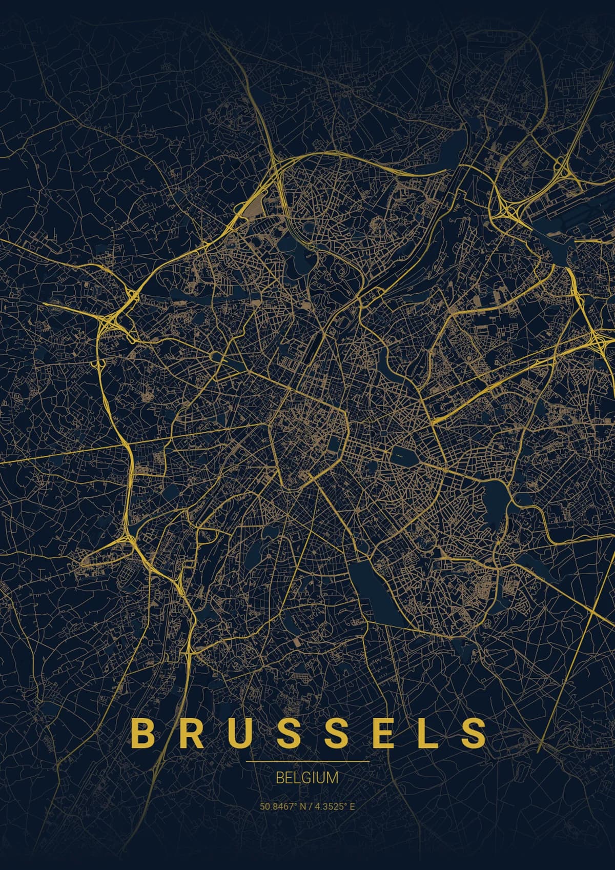 Brussels Map Poster - Midnight Blue Style | City Prints Brussels Map Poster - Midnight Blue Style