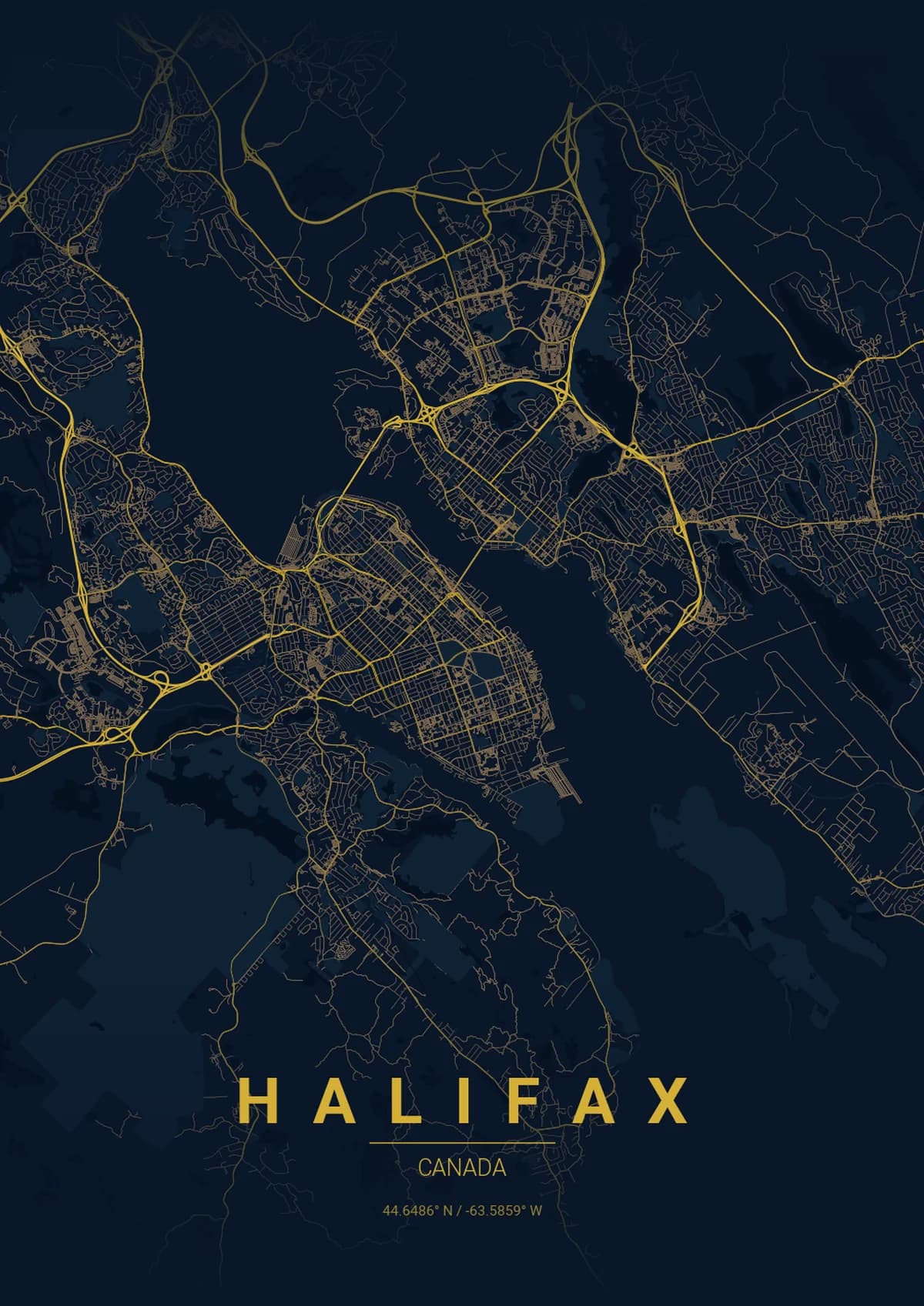 Halifax Map Poster - Midnight Blue Style | City Prints Halifax Map Poster - Midnight Blue Style