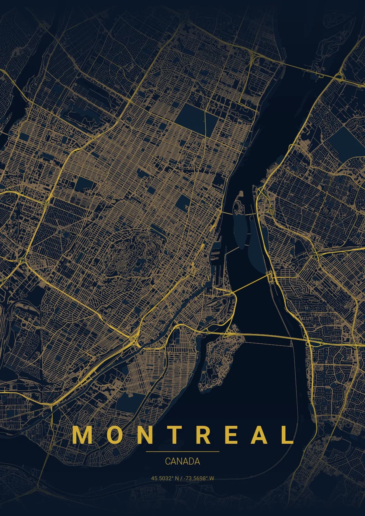 Montreal Map Poster - Midnight Blue Style | City Prints Montreal Map Poster - Midnight Blue Style