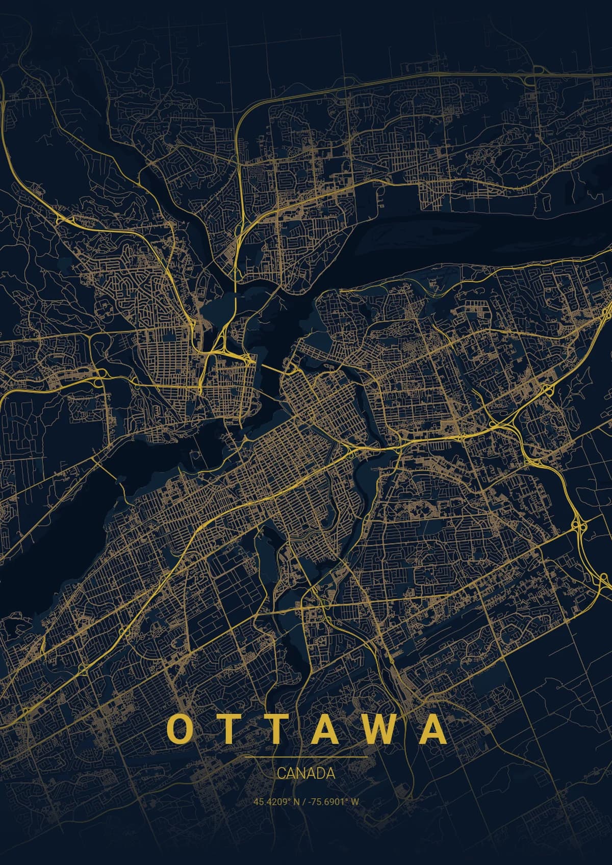 Ottawa Map Poster - Midnight Blue Style | City Prints Ottawa Map Poster - Midnight Blue Style
