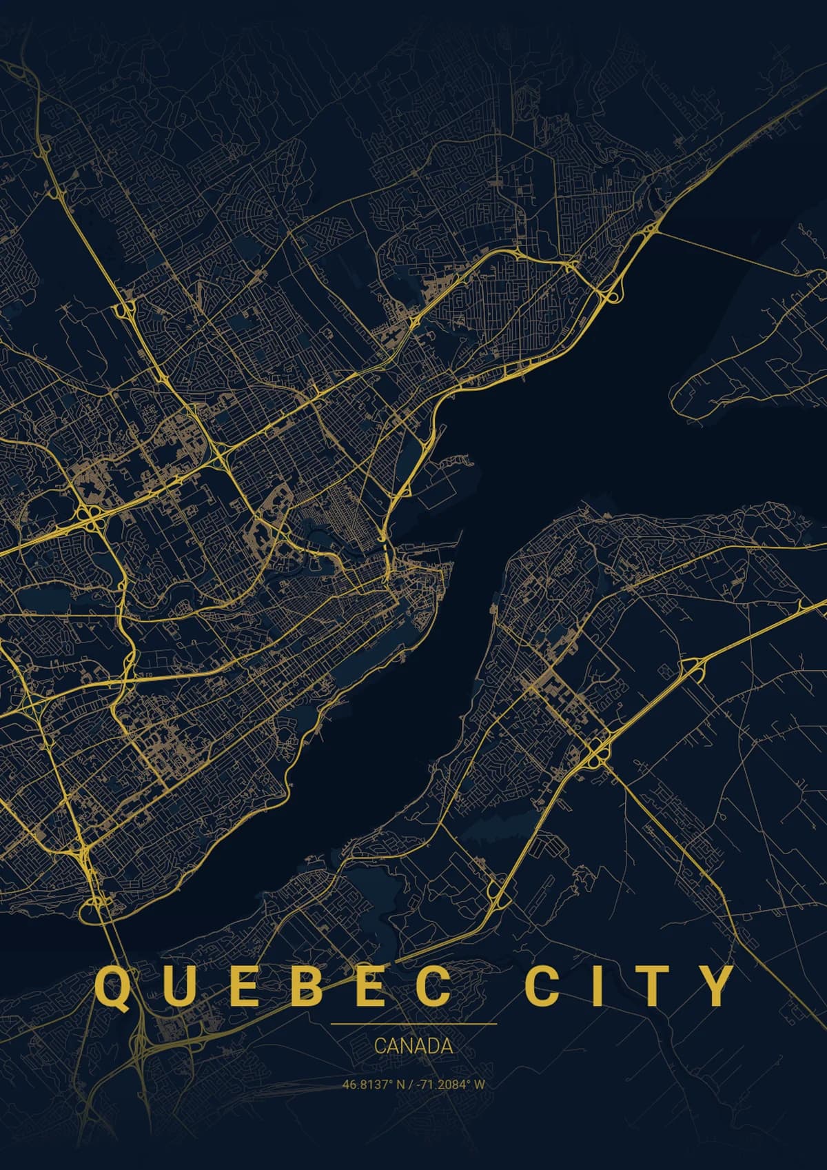 Quebec City Map Poster - Midnight Blue Style | City Prints Quebec City Map Poster - Midnight Blue Style