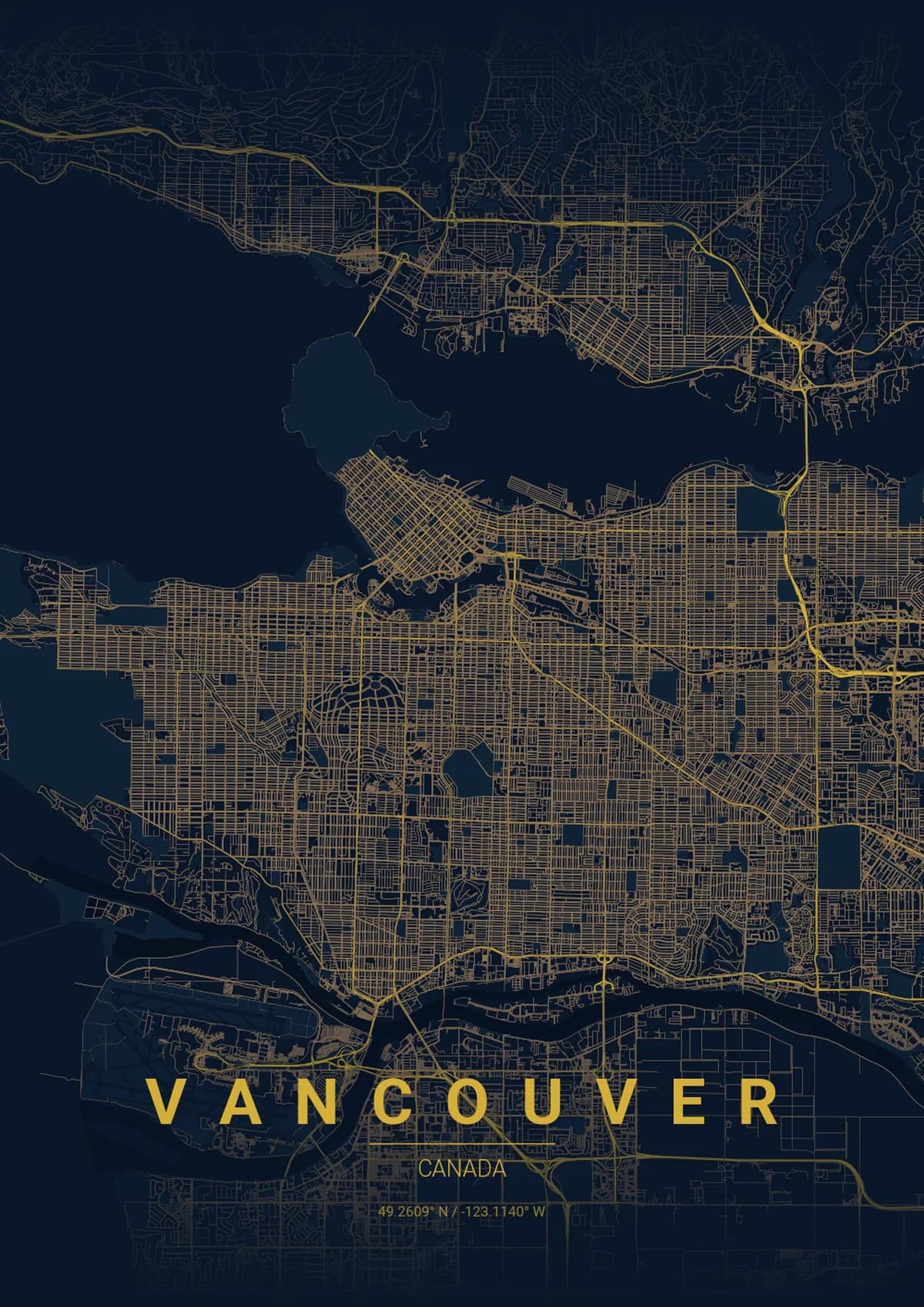 Vancouver Map Poster - Midnight Blue Style | City Prints Vancouver Map Poster - Midnight Blue Style