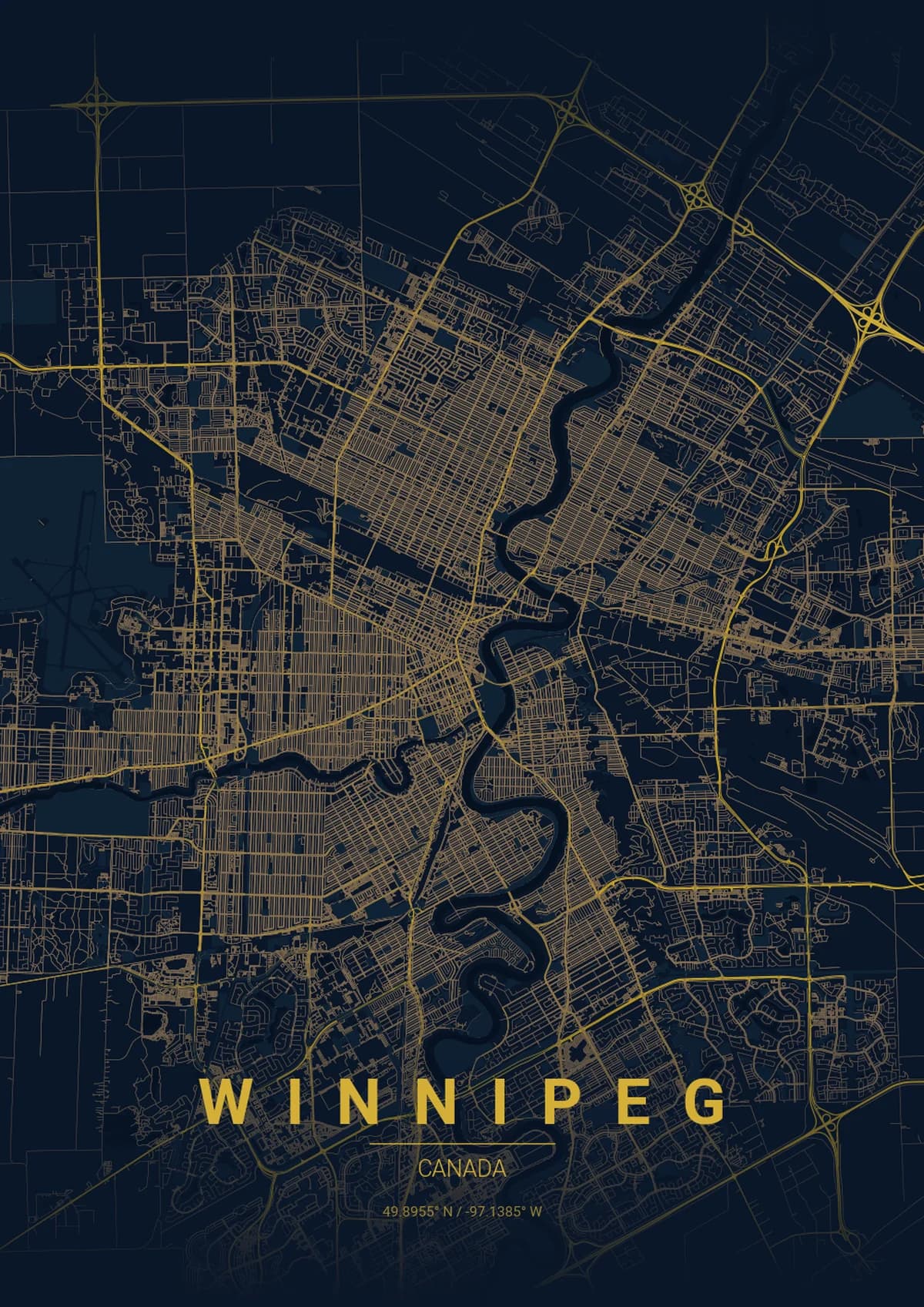 Winnipeg Map Poster - Midnight Blue Style | City Prints Winnipeg Map Poster - Midnight Blue Style