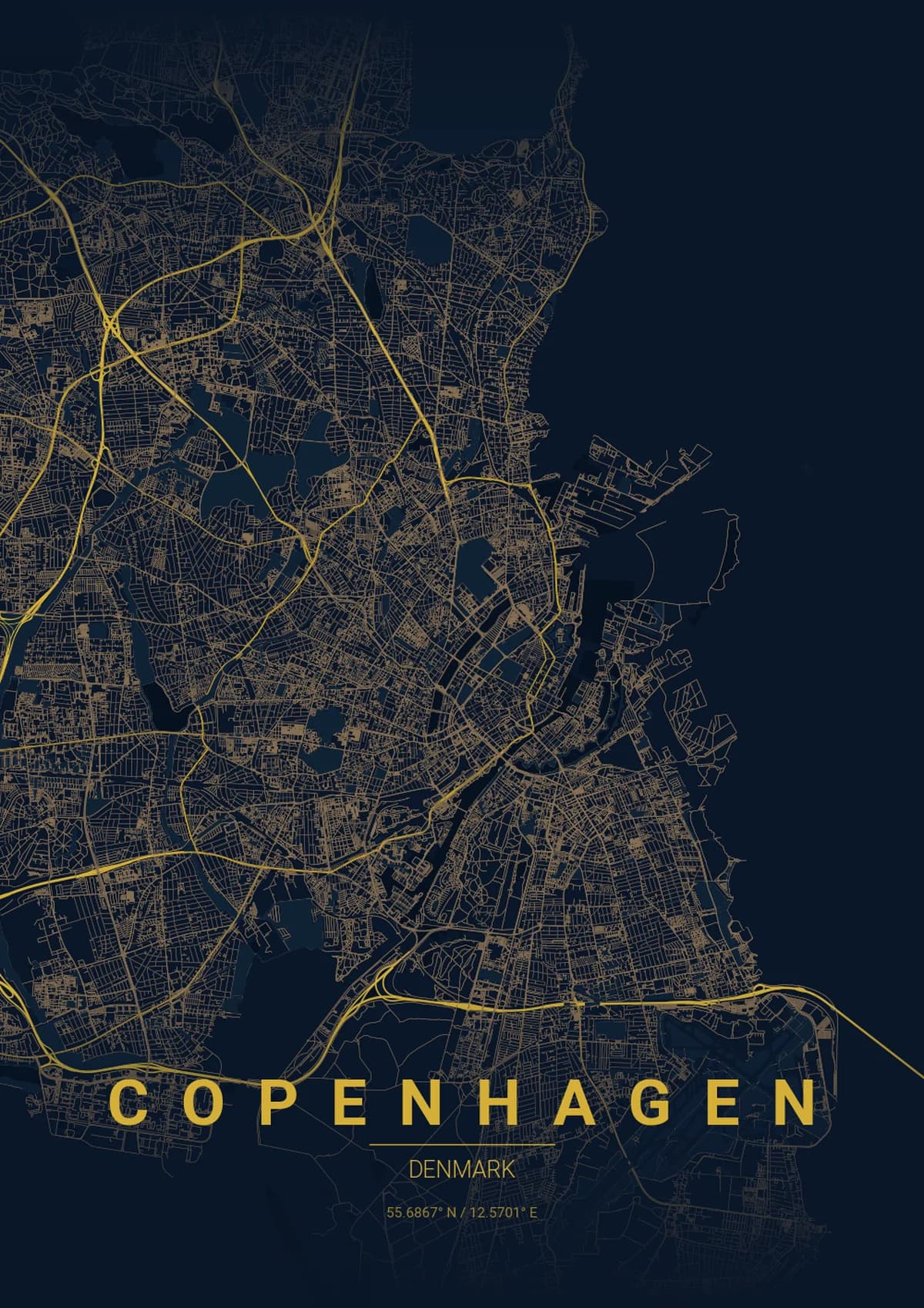 Copenhagen Map Poster - Midnight Blue Style | City Prints Copenhagen Map Poster - Midnight Blue Style