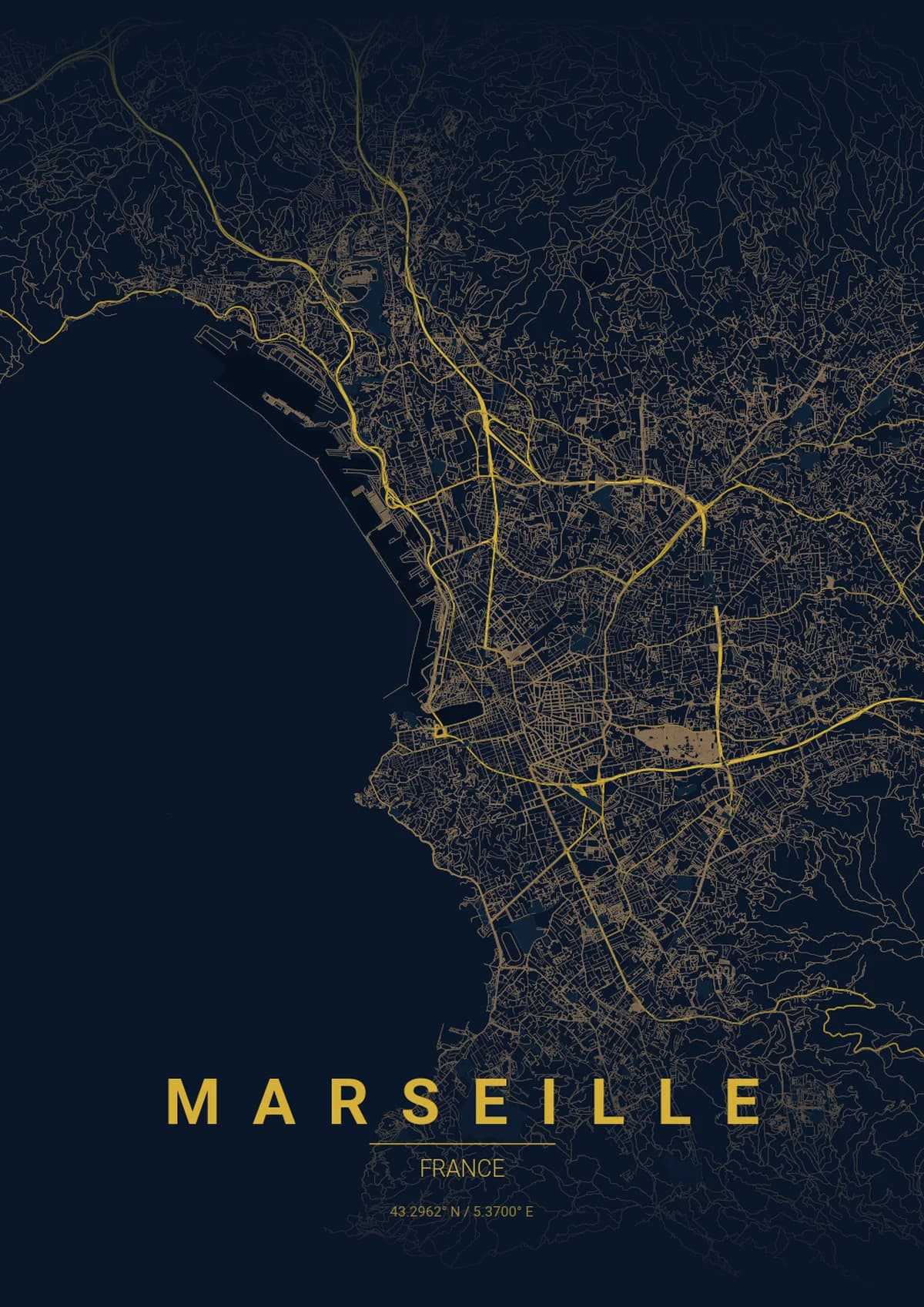 Marseille Map Poster - Midnight Blue Style | City Prints Marseille Map Poster - Midnight Blue Style