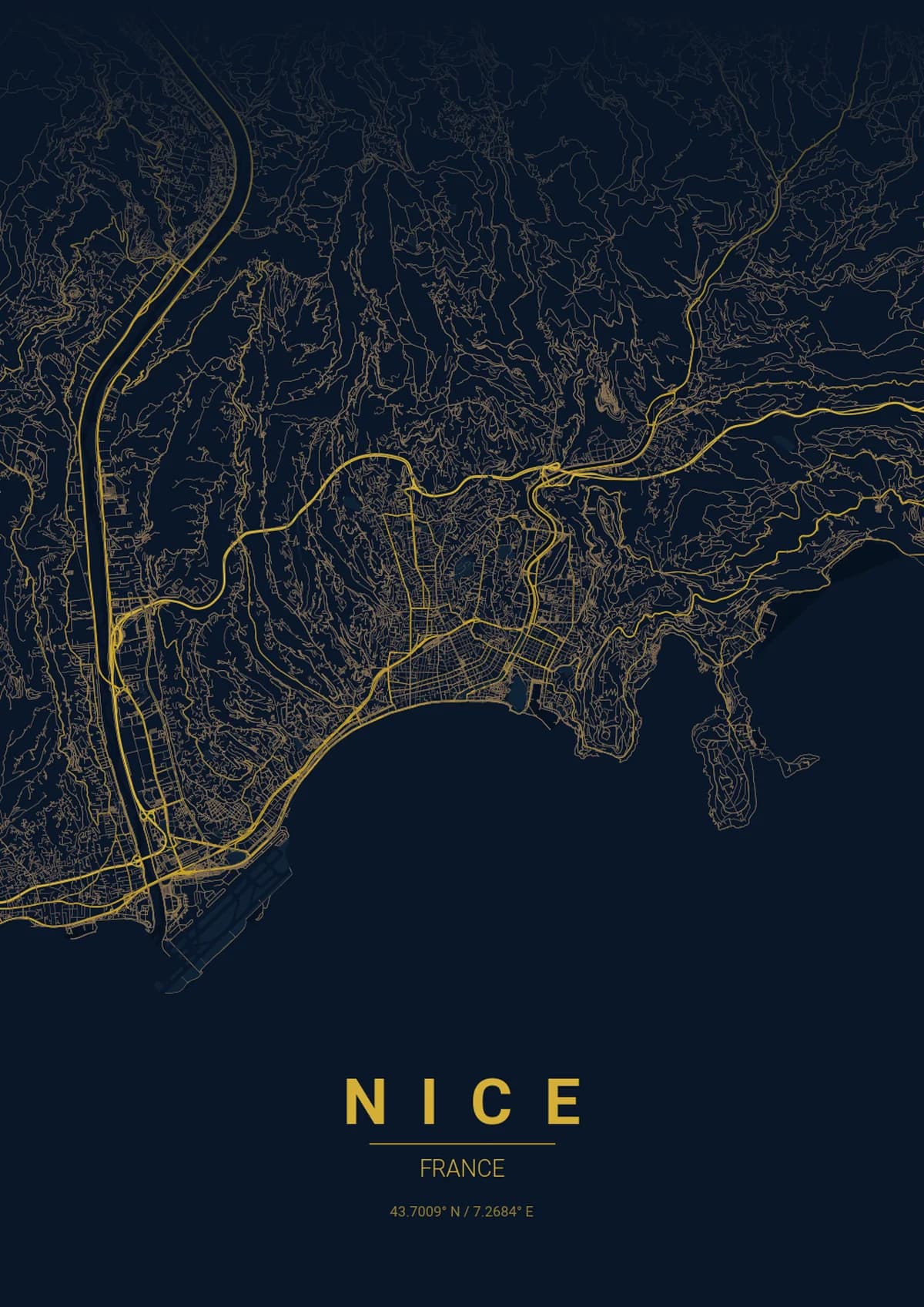 Nice Map Poster - Midnight Blue Style | City Prints Nice Map Poster - Midnight Blue Style