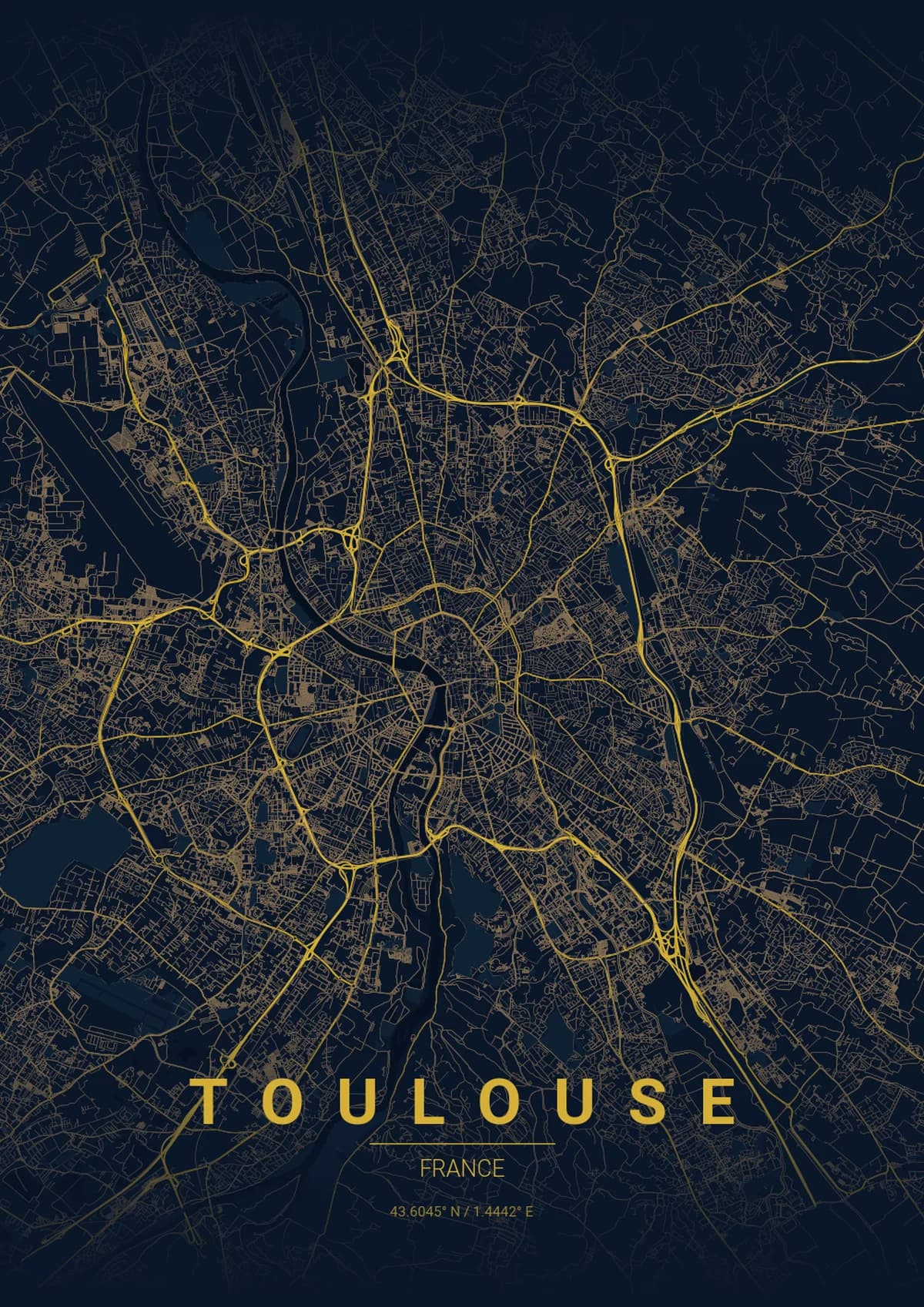 Toulouse Map Poster - Midnight Blue Style | City Prints Toulouse Map Poster - Midnight Blue Style