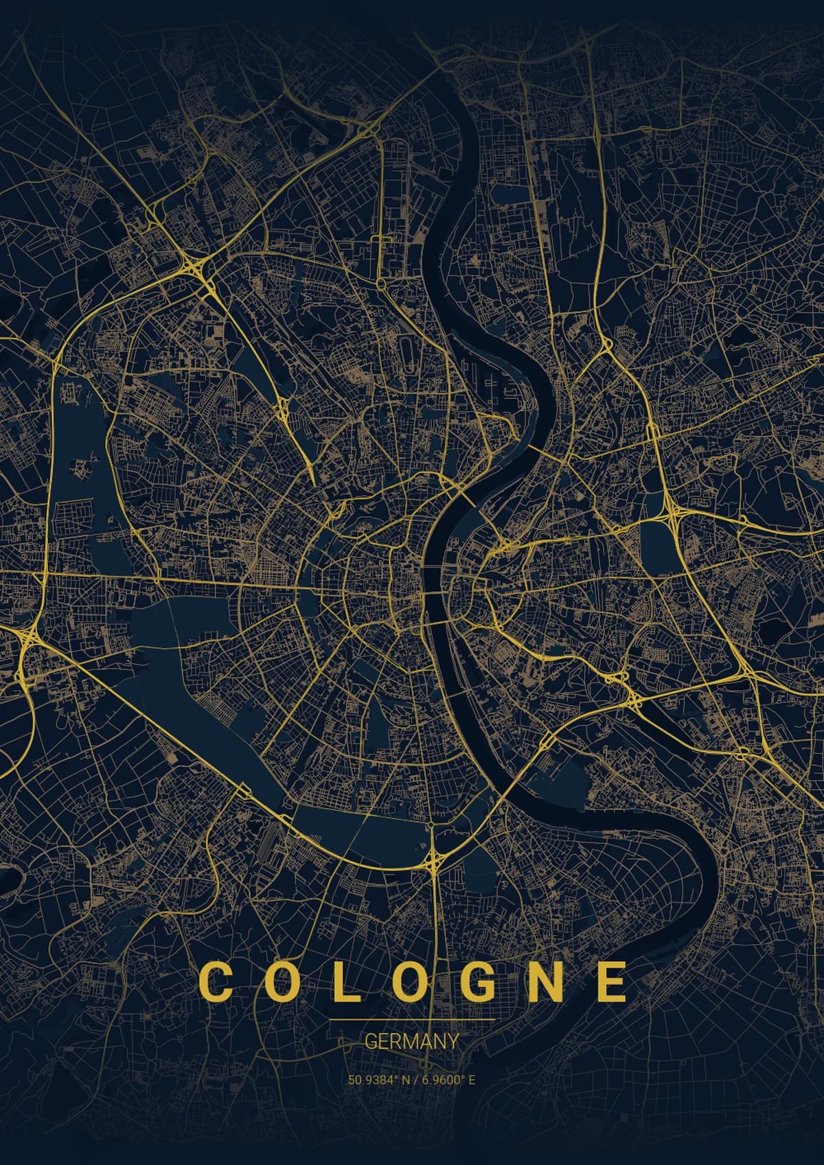 Cologne Map Poster - Midnight Blue Style | City Prints Cologne Map Poster - Midnight Blue Style