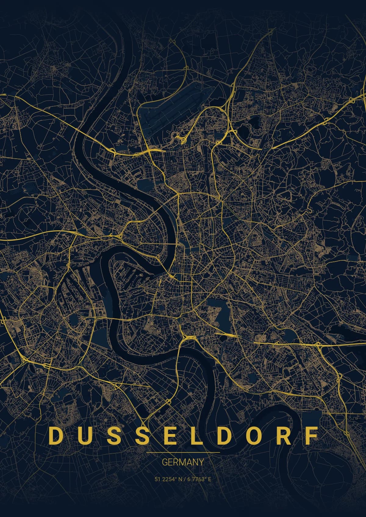 Dusseldorf Map Poster - Midnight Blue Style | City Prints Dusseldorf Map Poster - Midnight Blue Style