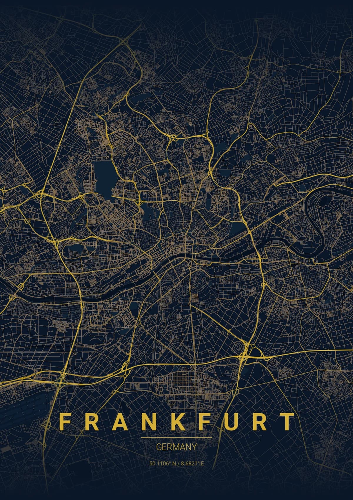 Frankfurt Map Poster - Midnight Blue Style | City Prints Frankfurt Map Poster - Midnight Blue Style