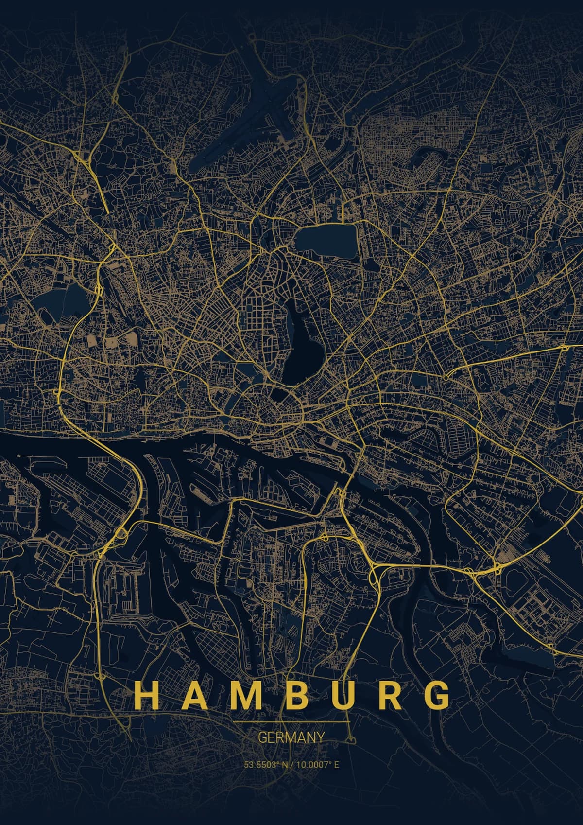 Hamburg Map Poster - Midnight Blue Style | City Prints Hamburg Map Poster - Midnight Blue Style
