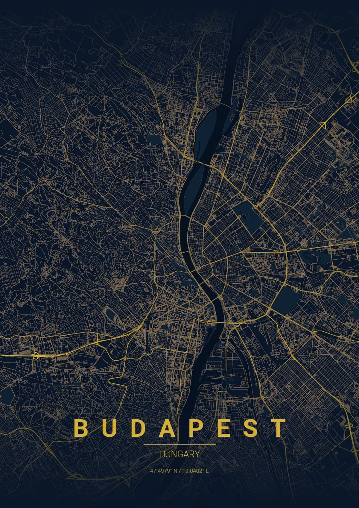 Budapest Map Poster - Midnight Blue Style | City Prints Budapest Map Poster - Midnight Blue Style