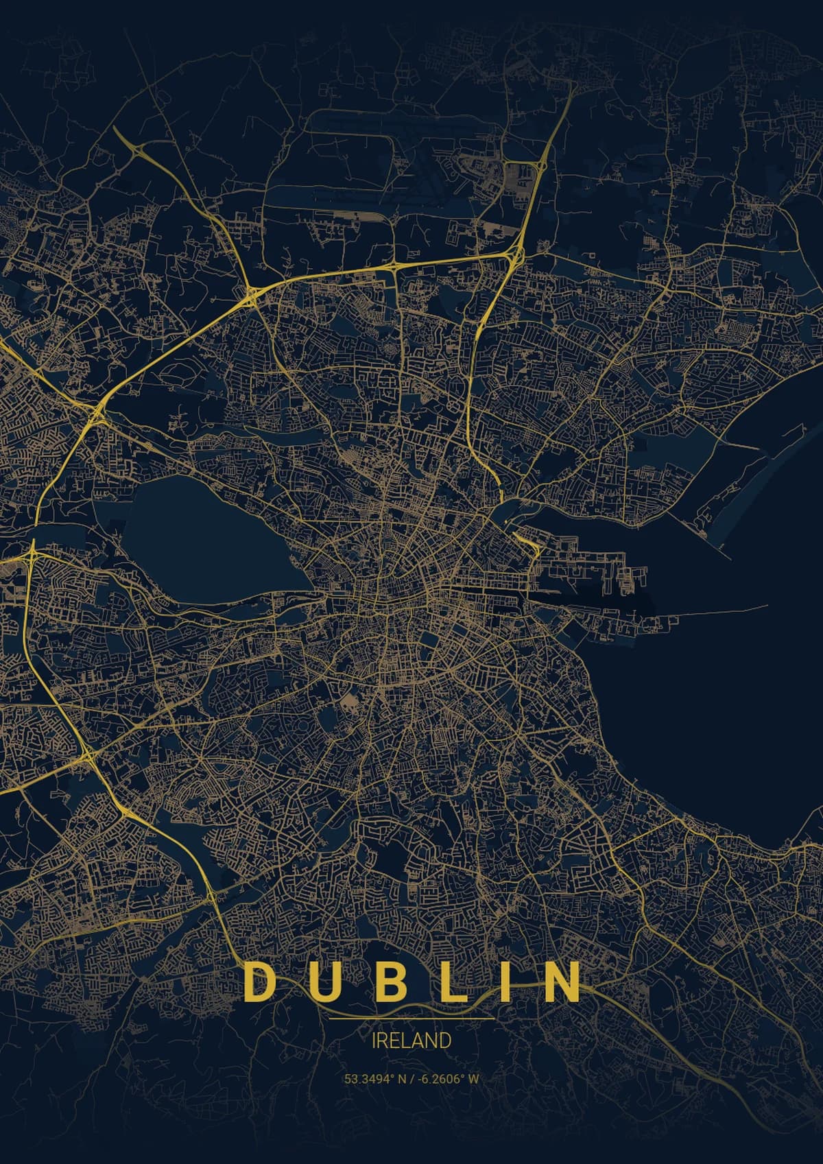 Dublin Map Poster - Midnight Blue Style | City Prints Dublin Map Poster - Midnight Blue Style