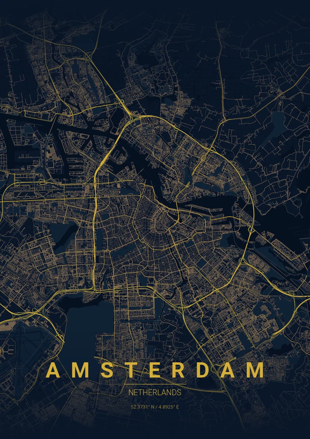 Amsterdam Map Poster - Midnight Blue Style | City Prints Amsterdam Map Poster - Midnight Blue Style