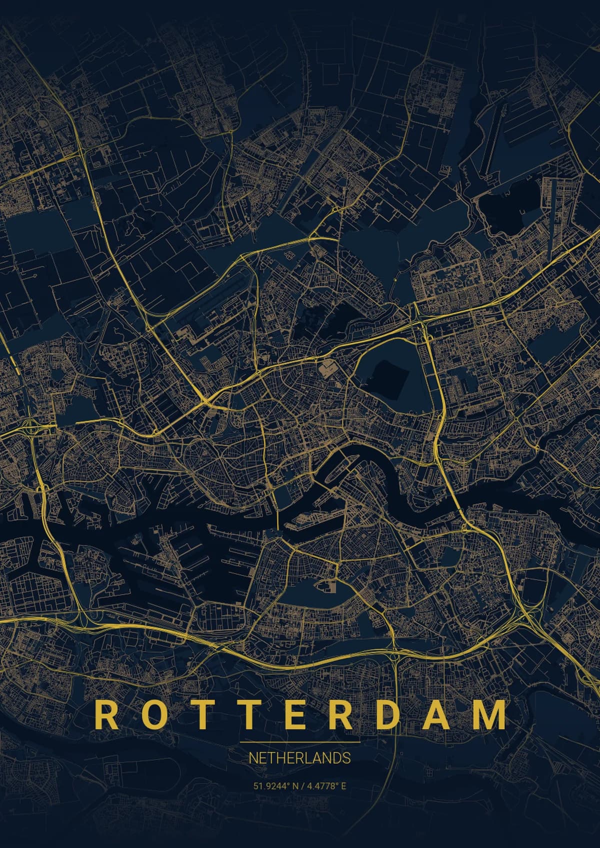 Rotterdam Map Poster - Midnight Blue Style | City Prints Rotterdam Map Poster - Midnight Blue Style