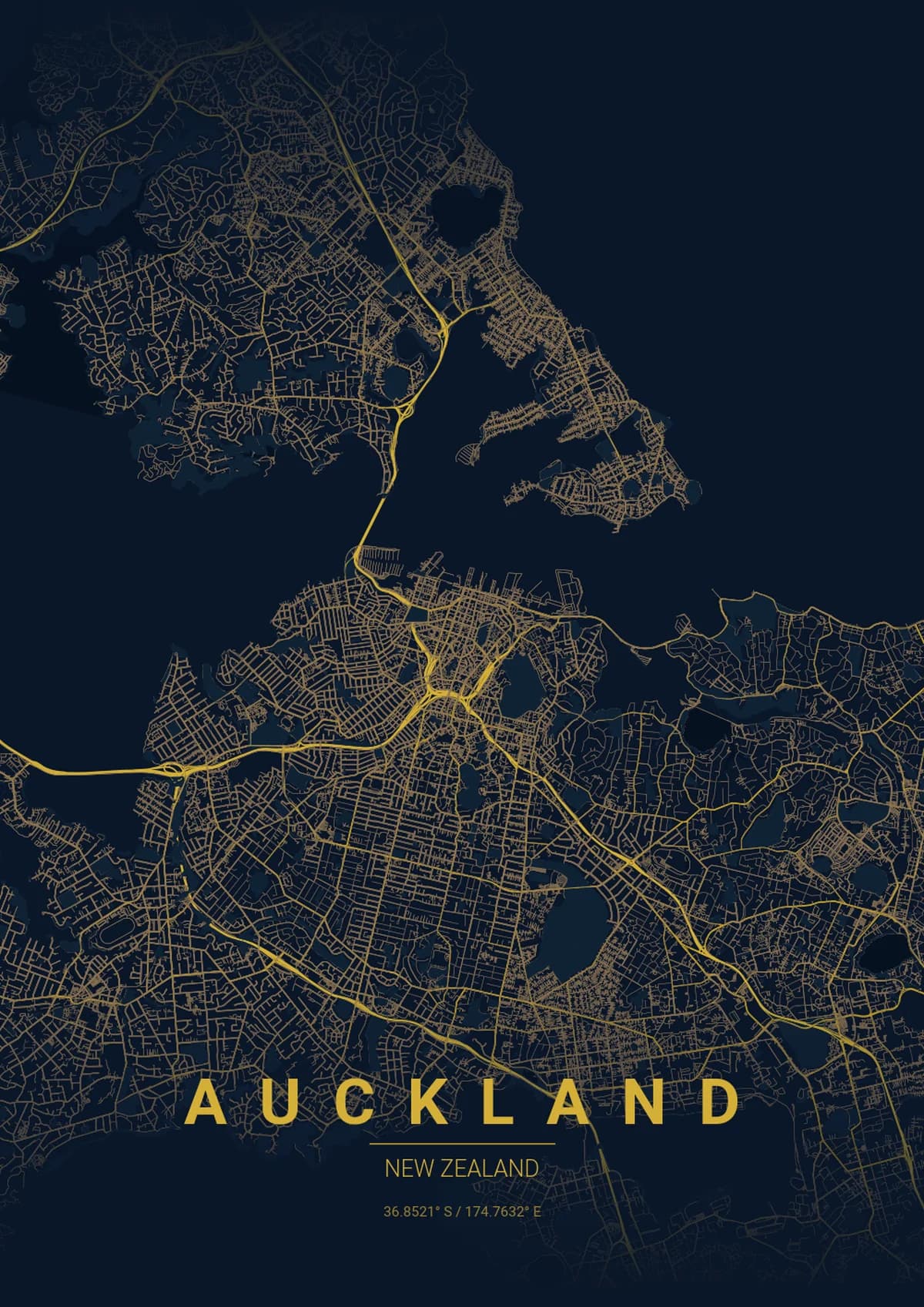 Auckland Map Poster - Midnight Blue Style | City Prints Auckland Map Poster - Midnight Blue Style