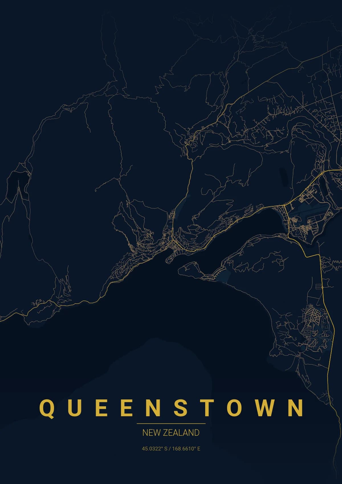 Queenstown Map Poster - Midnight Blue Style | City Prints Queenstown Map Poster - Midnight Blue Style