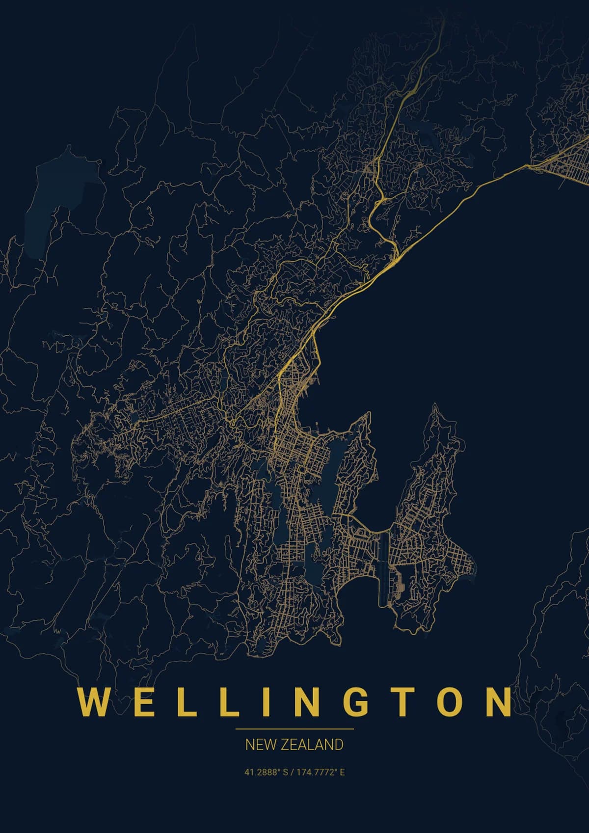 Wellington Map Poster - Midnight Blue Style | City Prints Wellington Map Poster - Midnight Blue Style