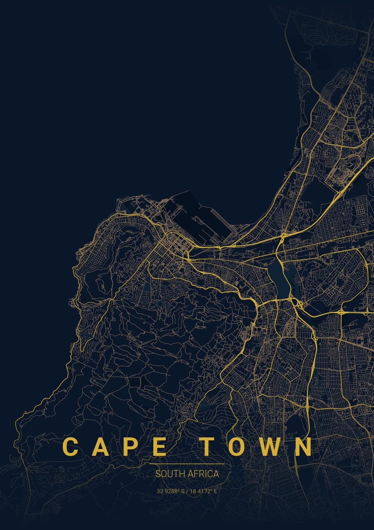 Cape Town Map Poster - Midnight Blue Style | City Prints Cape Town Map Poster - Midnight Blue Style