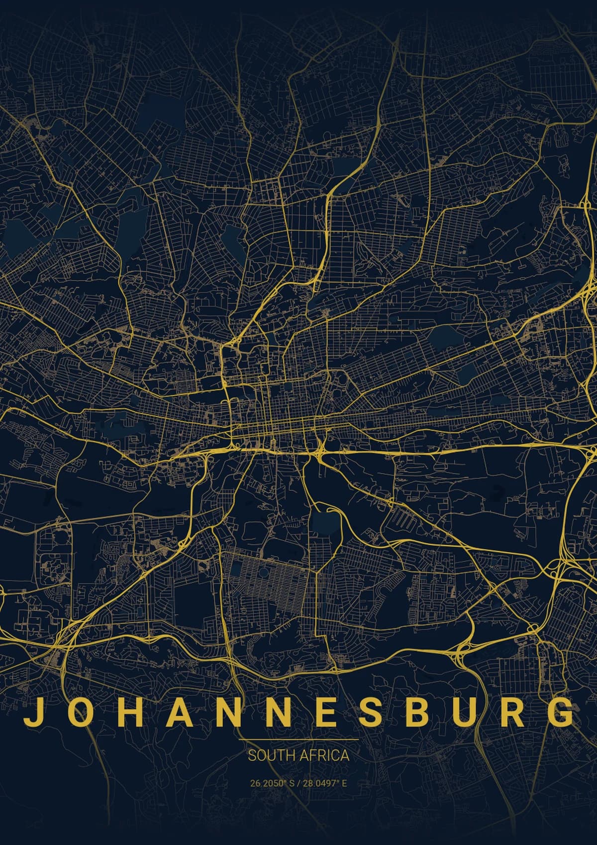Johannesburg Map Poster - Midnight Blue Style | City Prints Johannesburg Map Poster - Midnight Blue Style