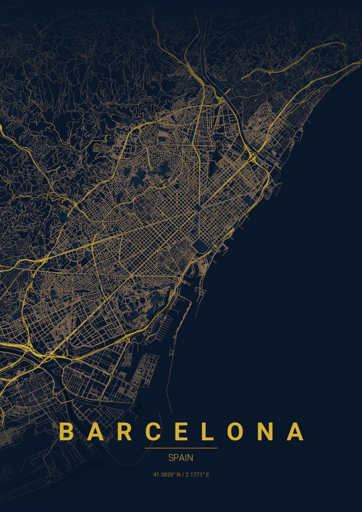 Barcelona Map Poster - Midnight Blue Style | City Prints Barcelona Map Poster - Midnight Blue Style