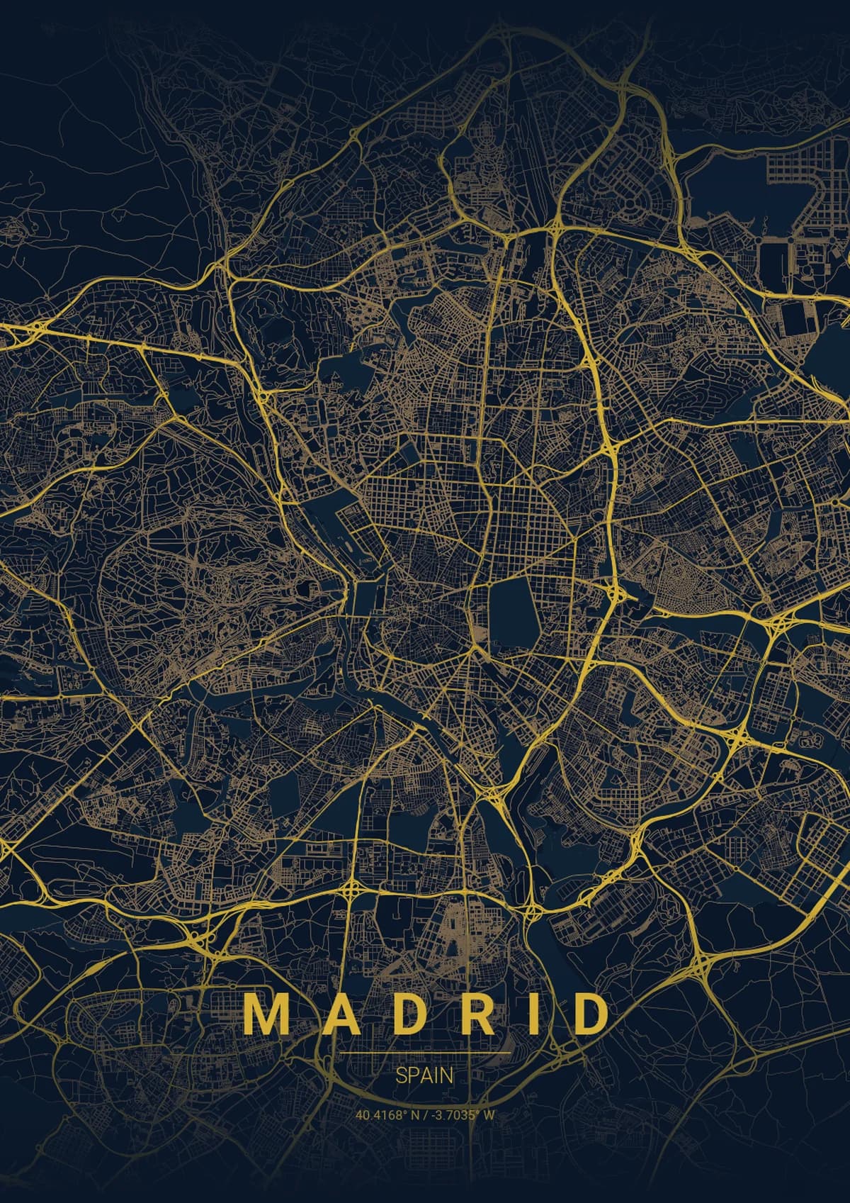 Madrid Map Poster - Midnight Blue Style | City Prints Madrid Map Poster - Midnight Blue Style