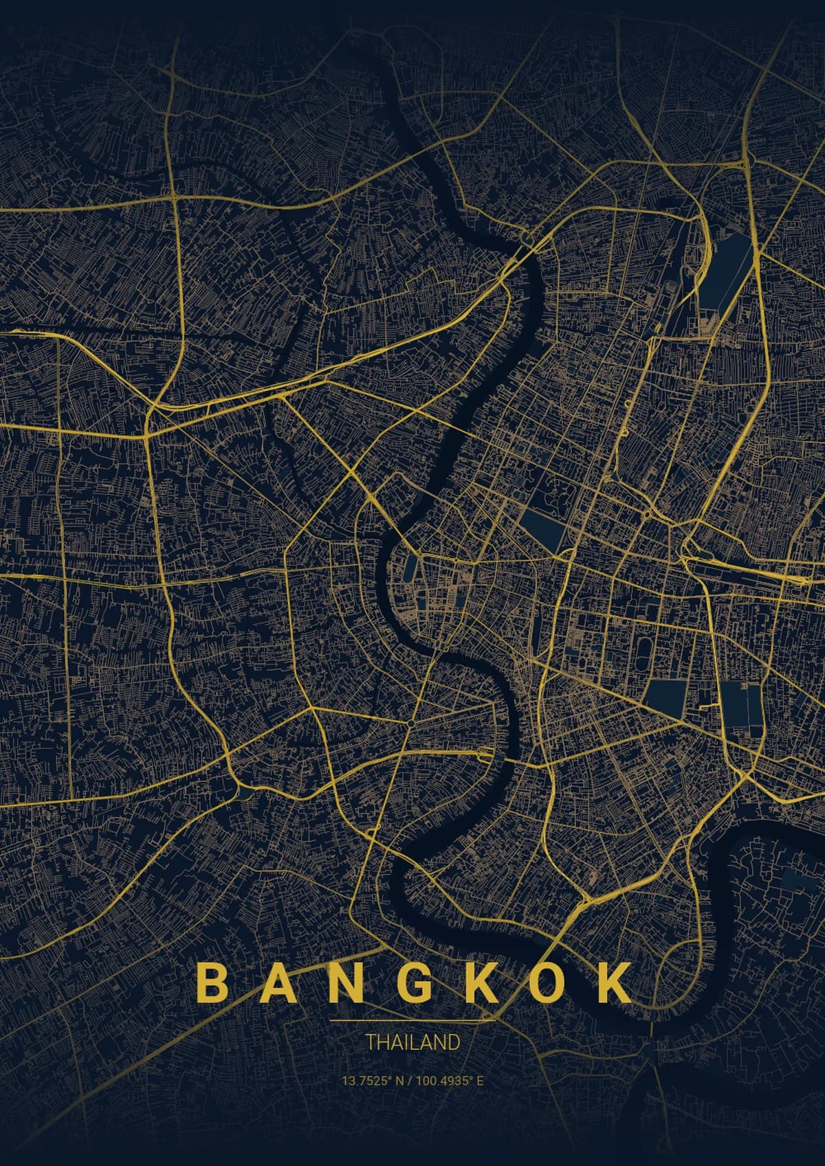 Bangkok Map Poster - Midnight Blue Style | City Prints Bangkok Map Poster - Midnight Blue Style