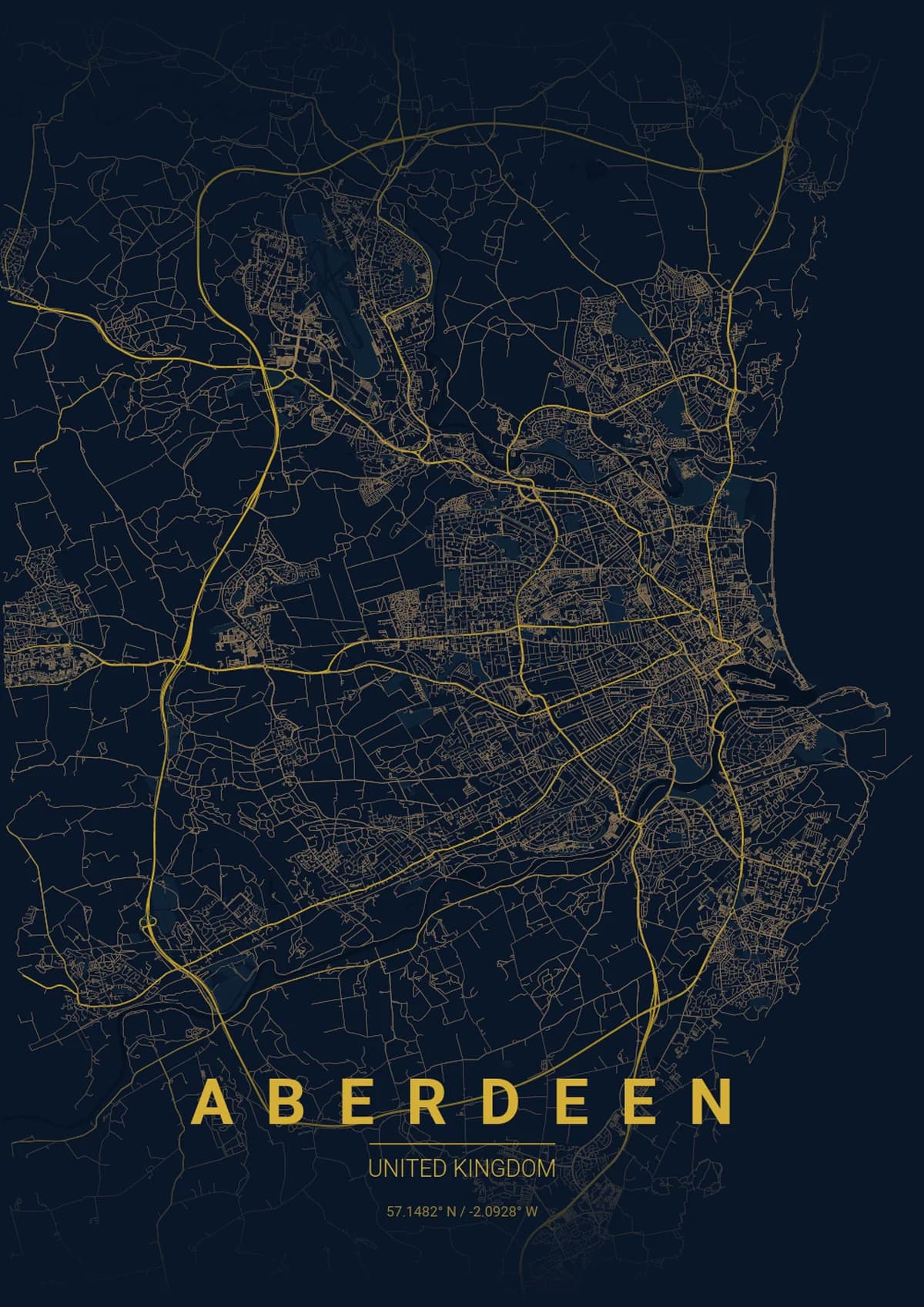 Aberdeen Map Poster - Midnight Blue Style | City Prints Aberdeen Map Poster - Midnight Blue Style