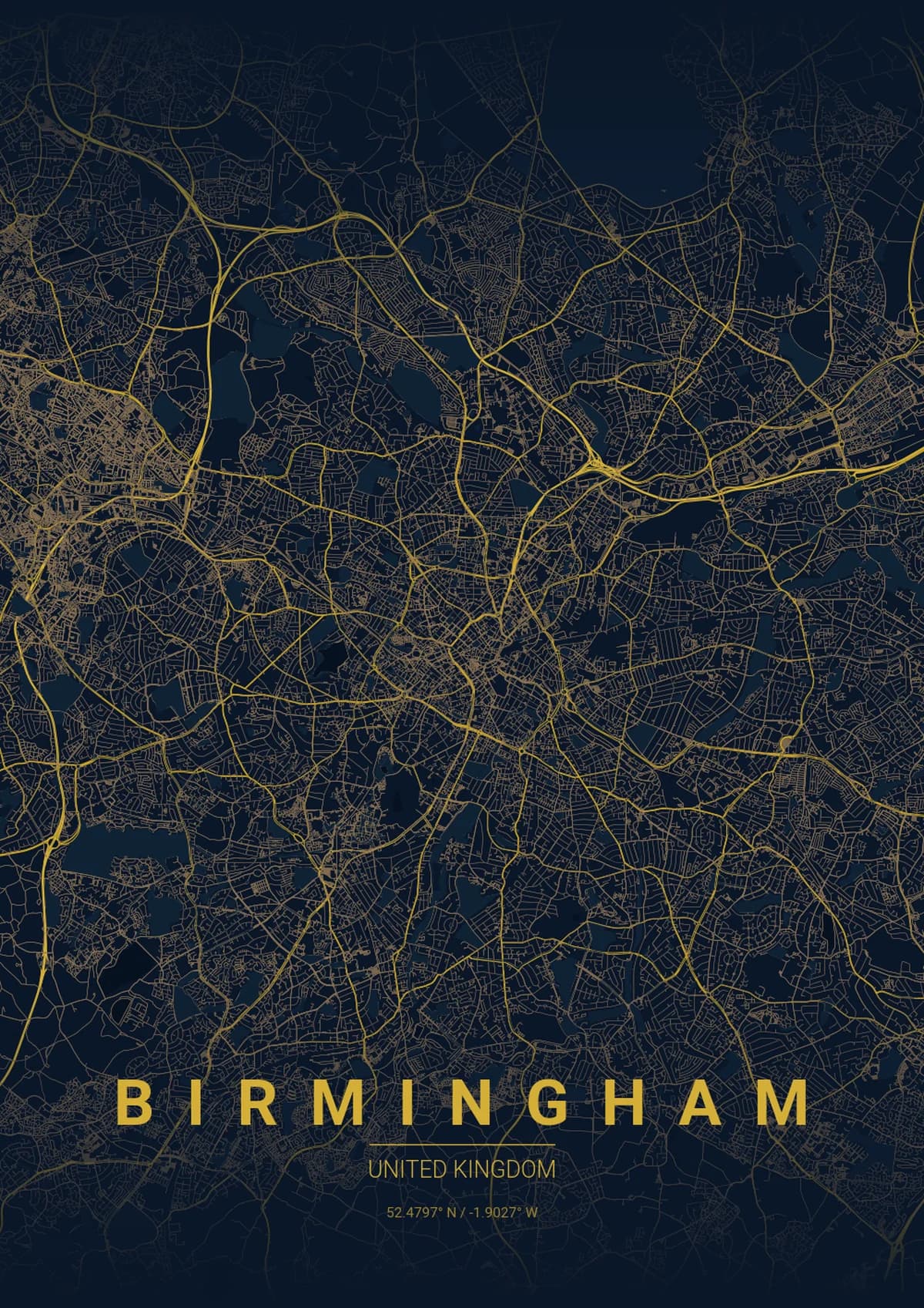 Birmingham Map Poster - Midnight Blue Style | City Prints Birmingham Map Poster - Midnight Blue Style