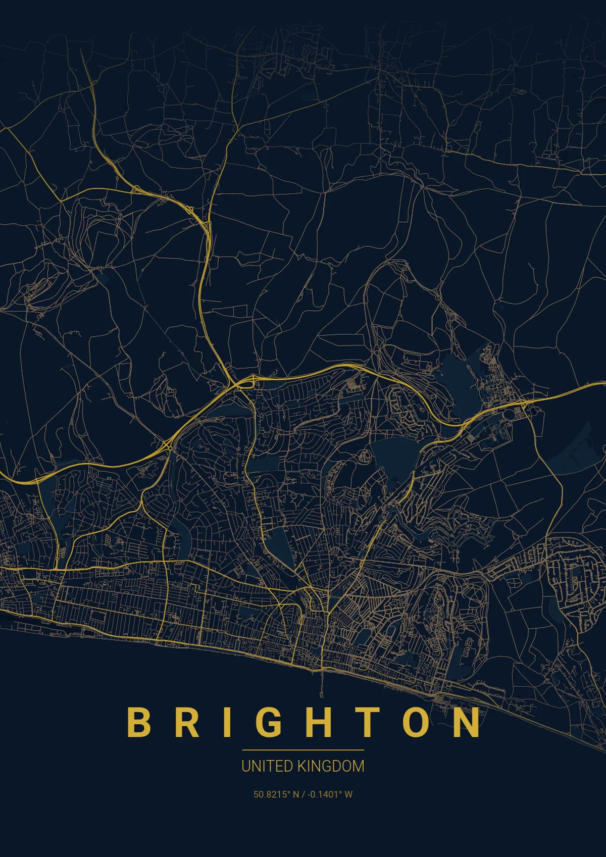 Brighton Map Poster - Midnight Blue Style | City Prints Brighton Map Poster - Midnight Blue Style