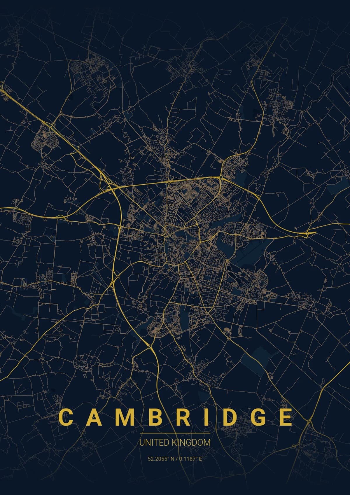 Cambridge Map Poster - Midnight Blue Style | City Prints Cambridge Map Poster - Midnight Blue Style