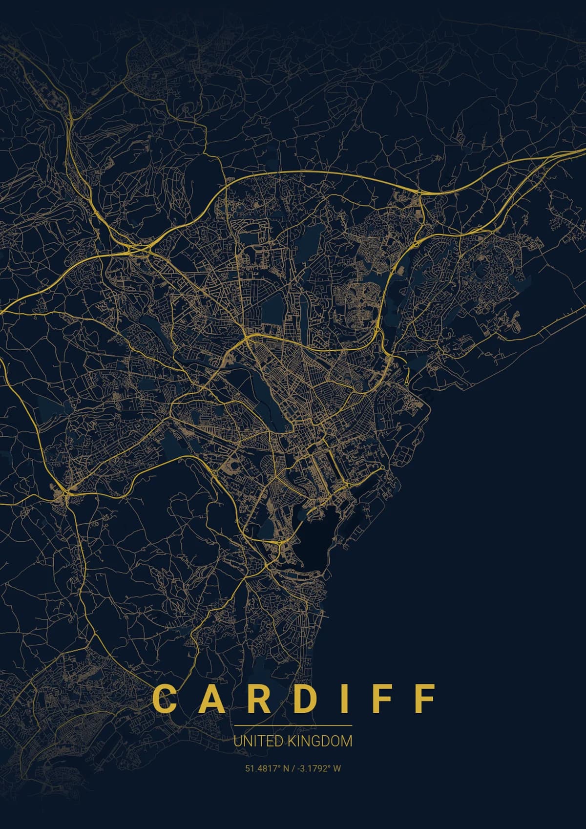 Cardiff Map Poster - Midnight Blue Style | City Prints Cardiff Map Poster - Midnight Blue Style