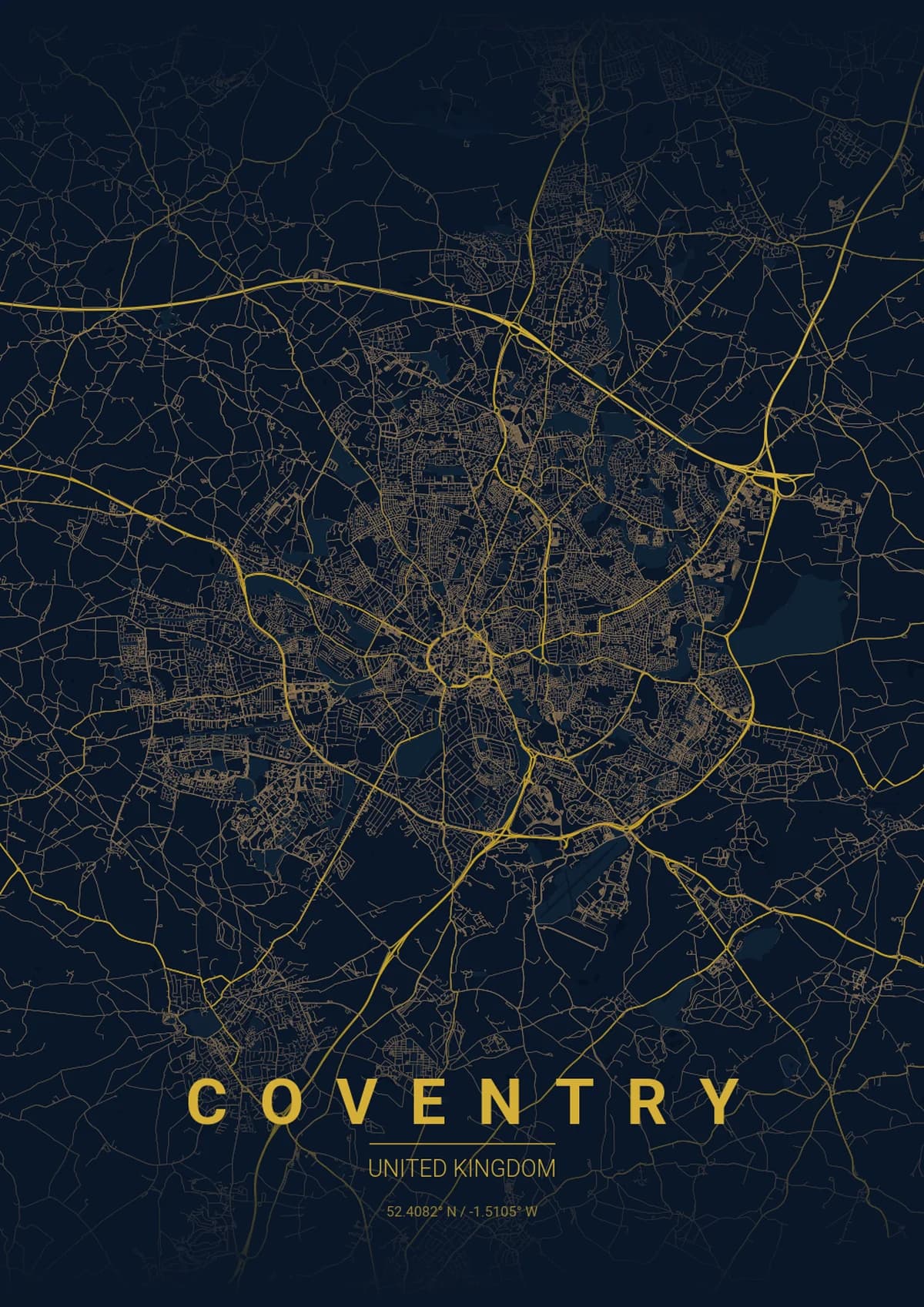 Coventry Map Poster - Midnight Blue Style | City Prints Coventry Map Poster - Midnight Blue Style