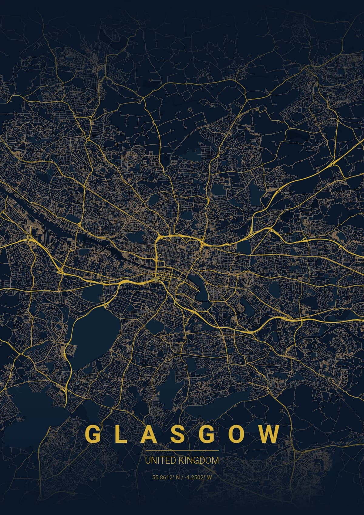 Glasgow Map Poster - Midnight Blue Style | City Prints Glasgow Map Poster - Midnight Blue Style