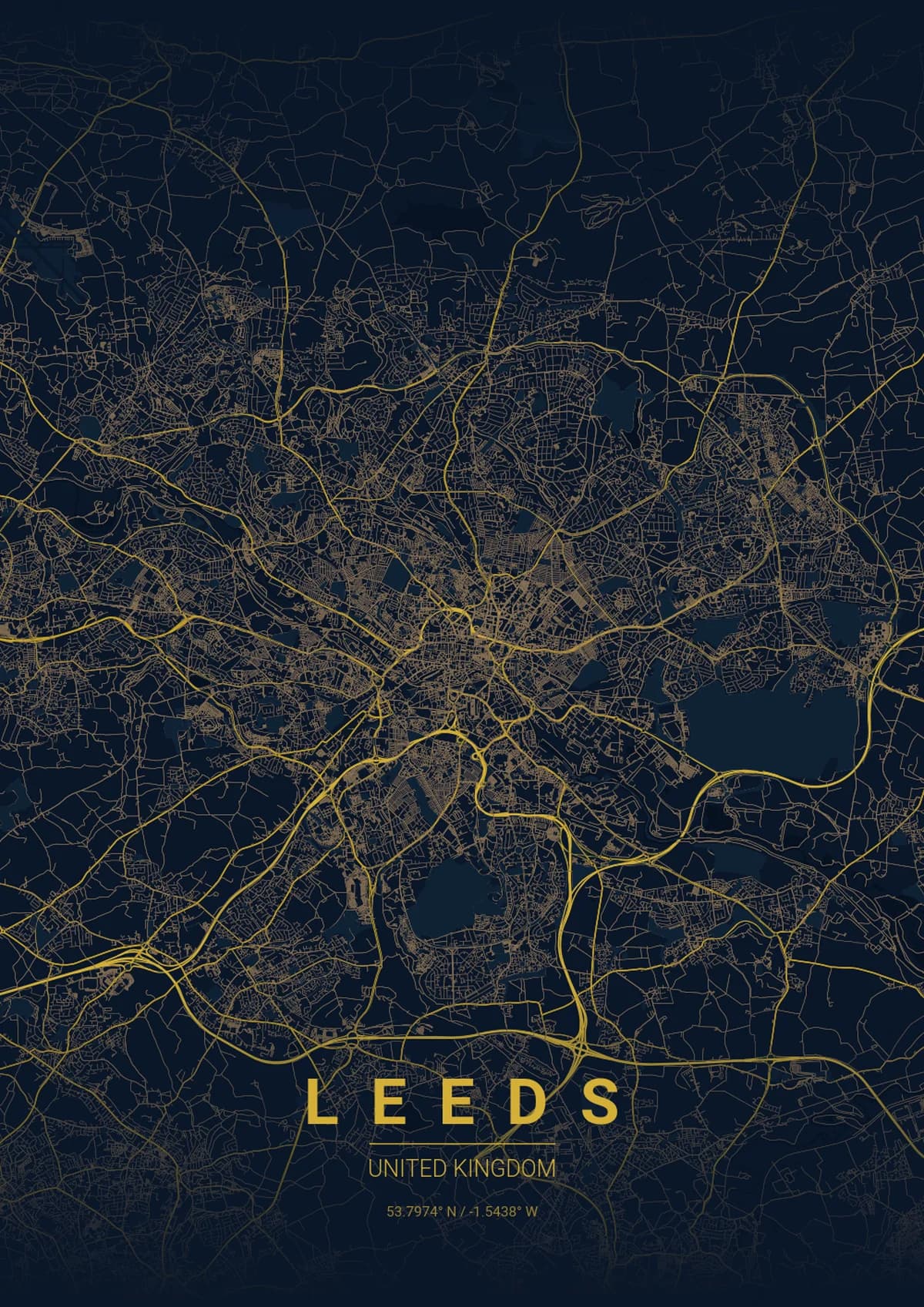 Leeds Map Poster - Midnight Blue Style | City Prints Leeds Map Poster - Midnight Blue Style