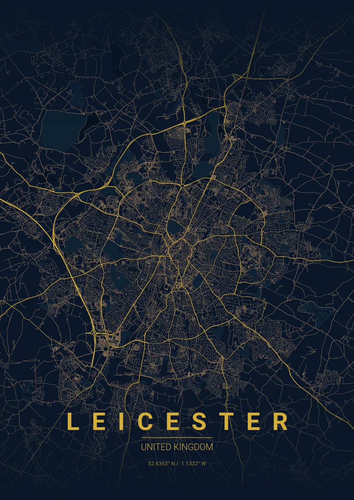 Leicester Map Poster - Midnight Blue Style | City Prints Leicester Map Poster - Midnight Blue Style