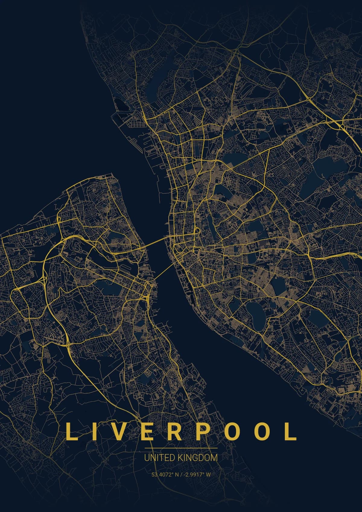 Liverpool Map Poster - Midnight Blue Style | City Prints Liverpool Map Poster - Midnight Blue Style