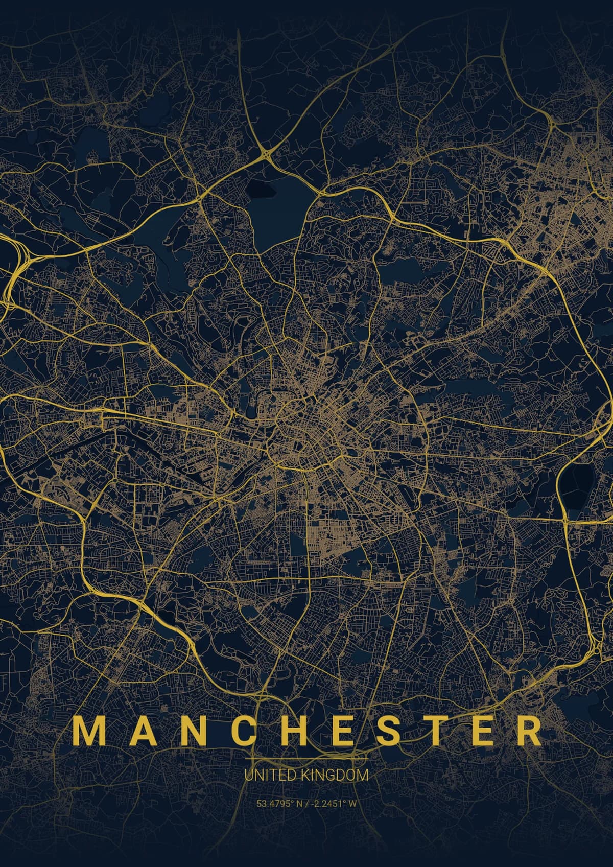 Manchester Map Poster - Midnight Blue Style | City Prints Manchester Map Poster - Midnight Blue Style